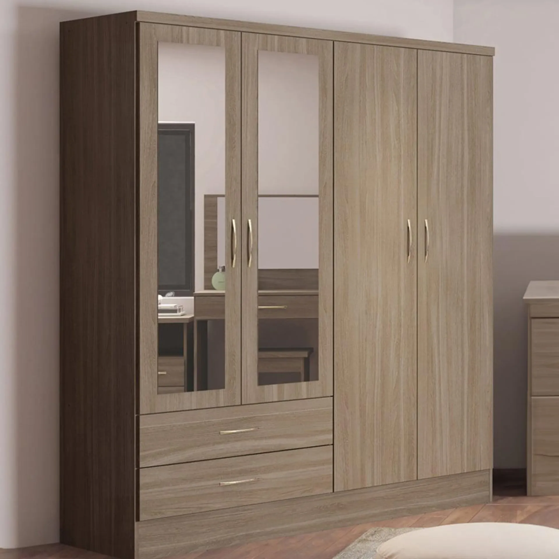 Seconique Nevada 4 Door 2 Drawer Rustic Oak Mirrored Wardrobe