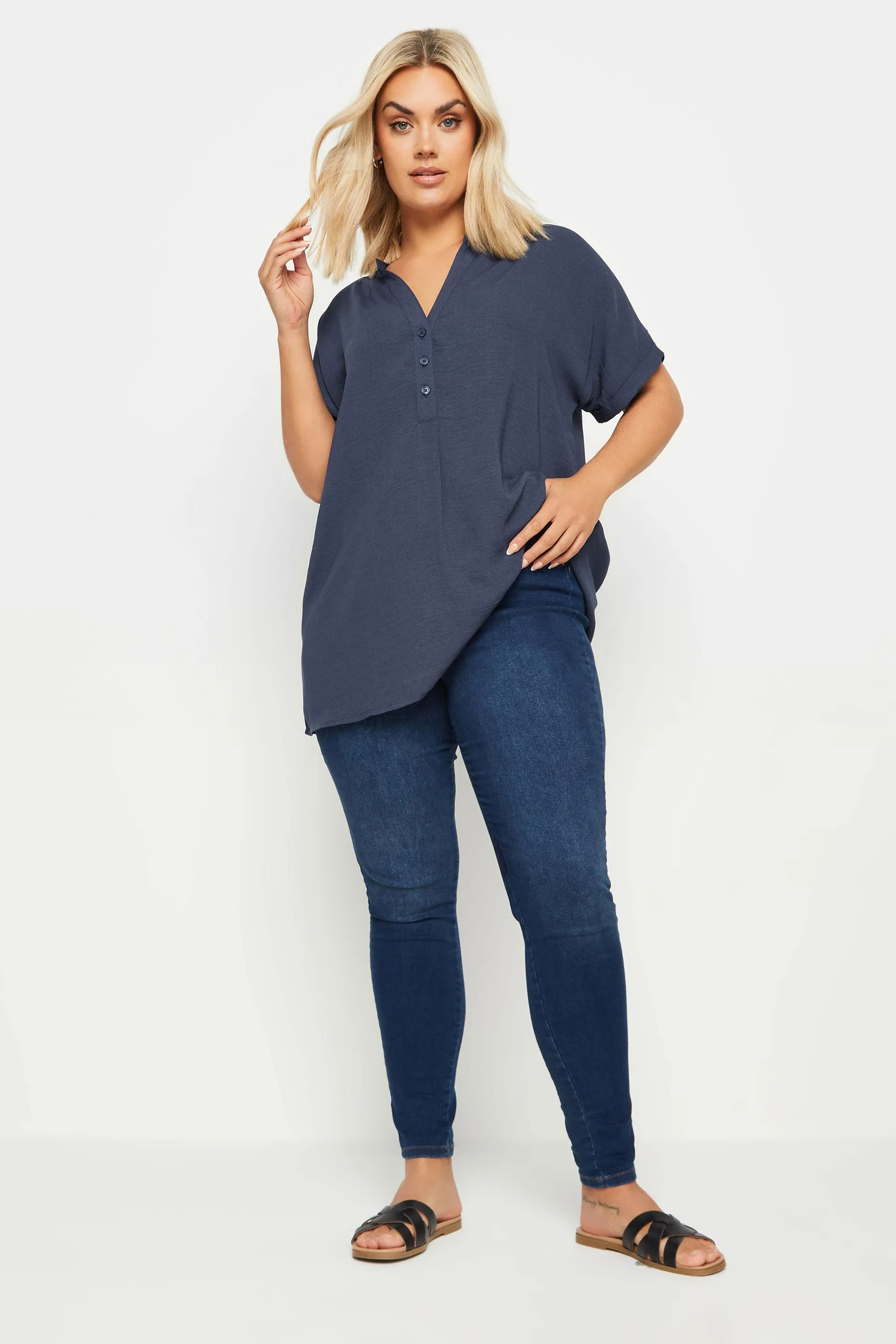 YOURS Curve Navy Blue Notch Neck Blouse