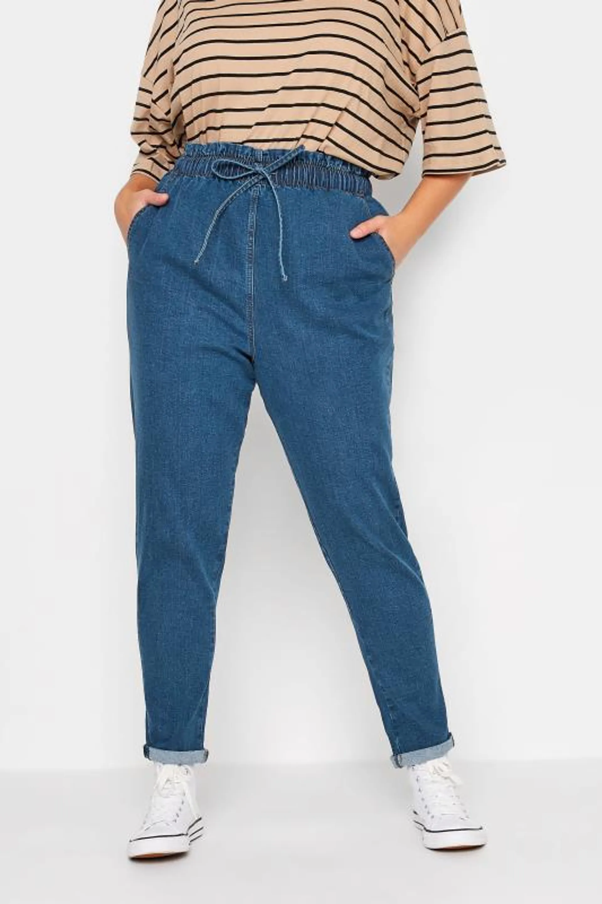 YOURS Curve Mid Blue Paperbag Waist Stretch MOM Jeans