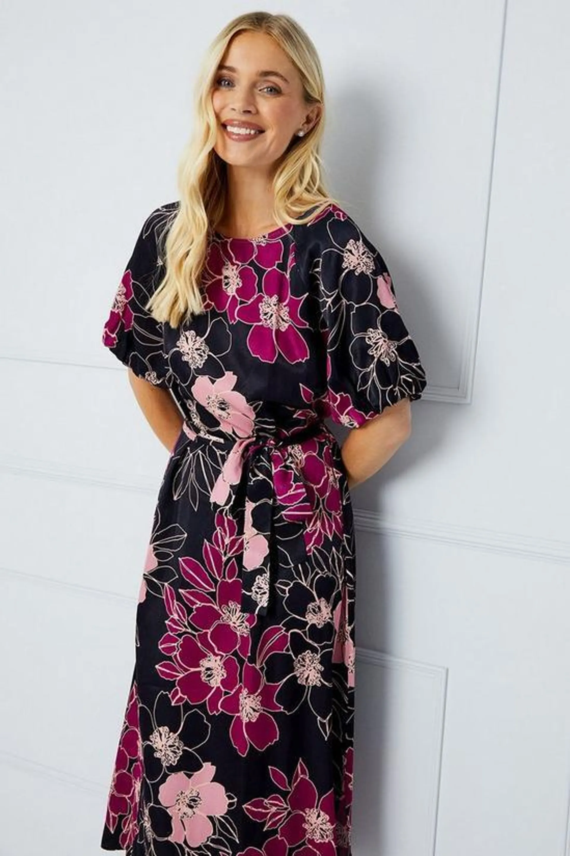 Petite Black Floral Satin Midi Dress