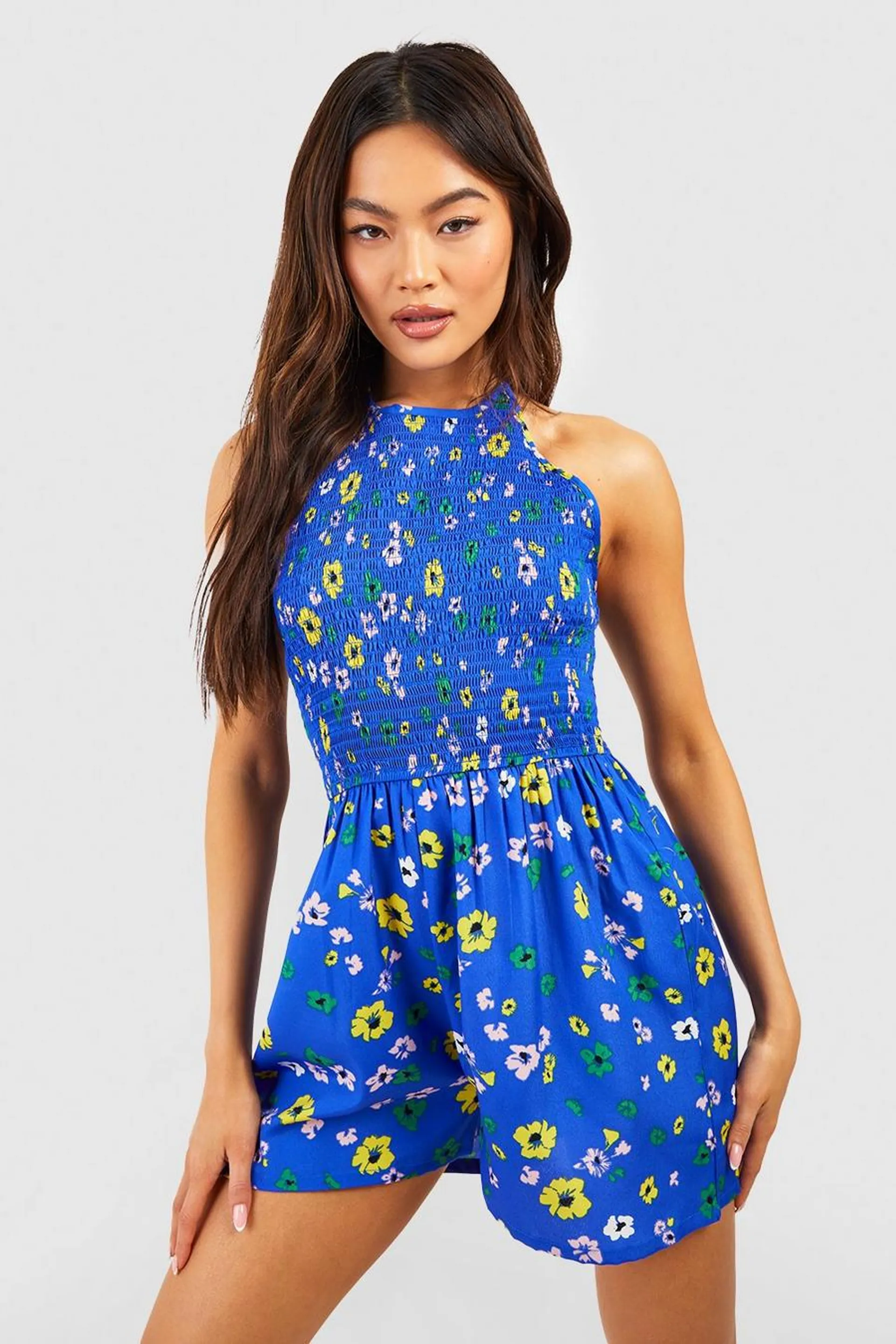 Floral Halterneck Shirred Playsuit