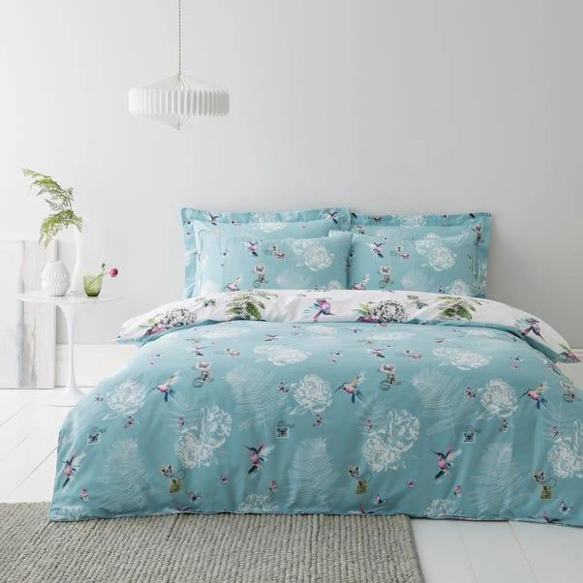 Heavenly Hummingbird Reversible Duck Egg Duvet Cover and Pillowcase Set