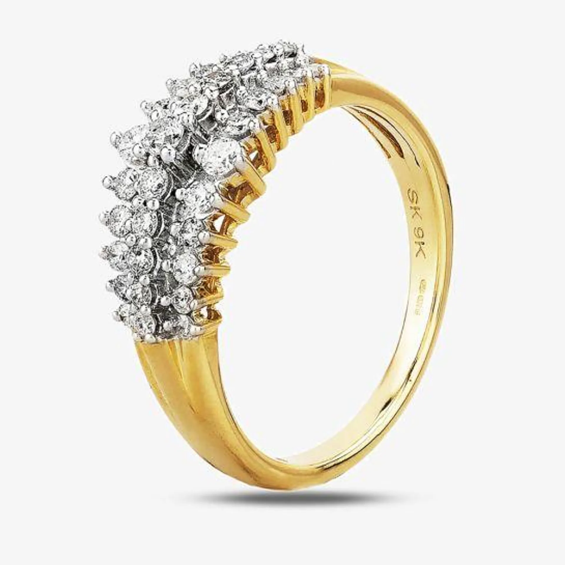 9ct Yellow Gold 0.50ct Diamond Claw Set Three Row Ring