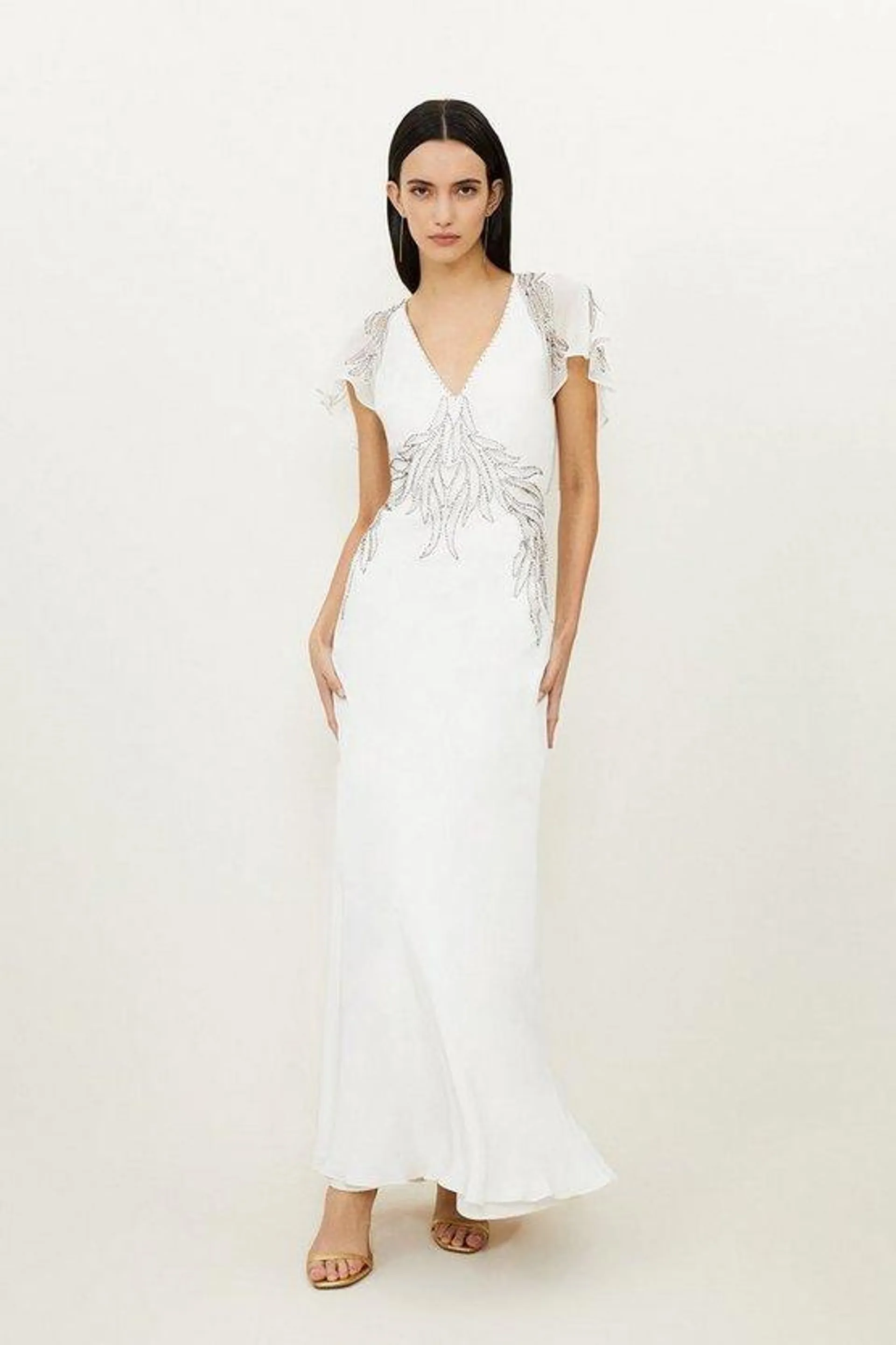 Embellished Applique Georgette Satin Woven Maxi Dress