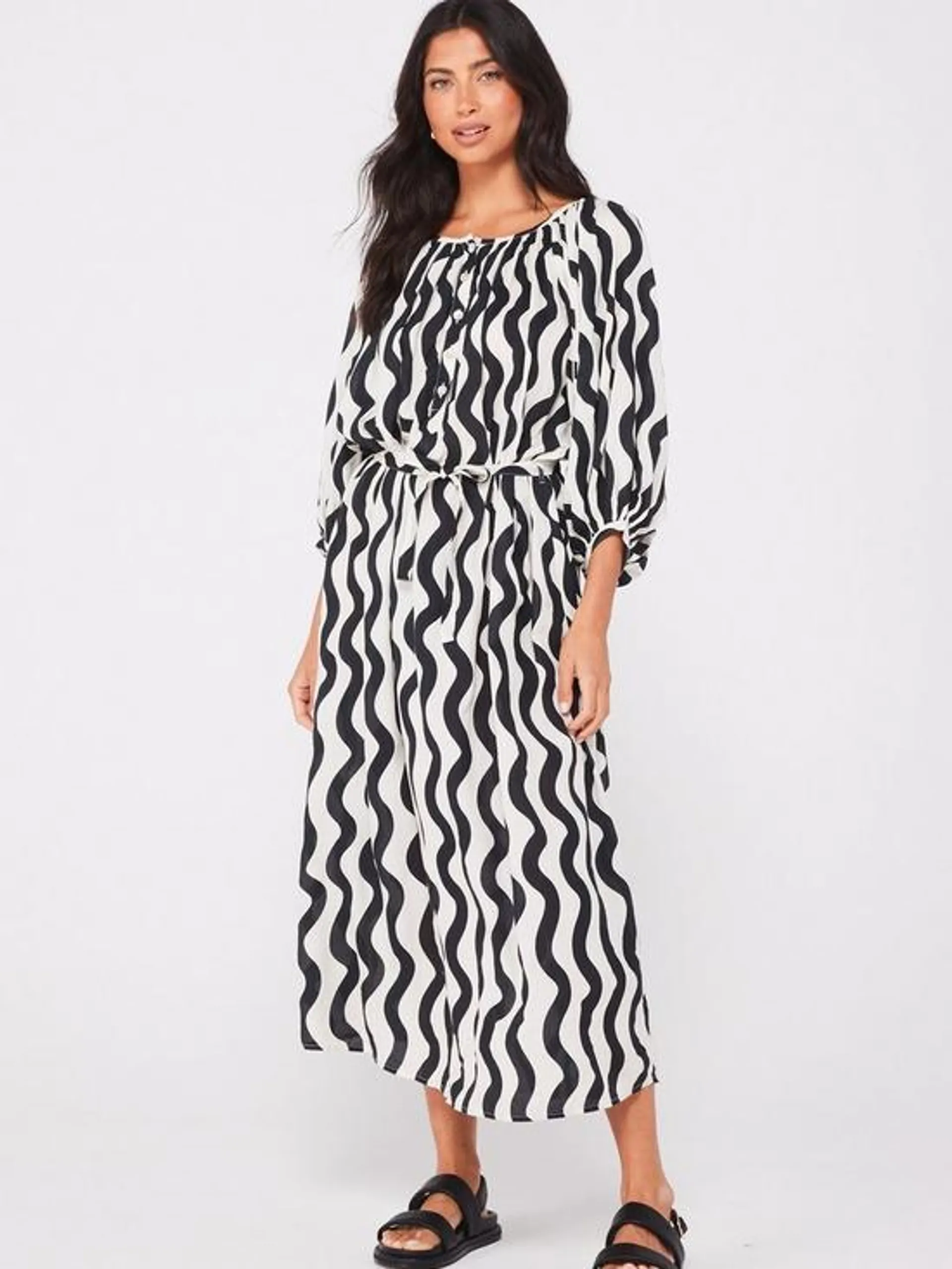 Swirl Print Balloon Sleeve Midi Dress