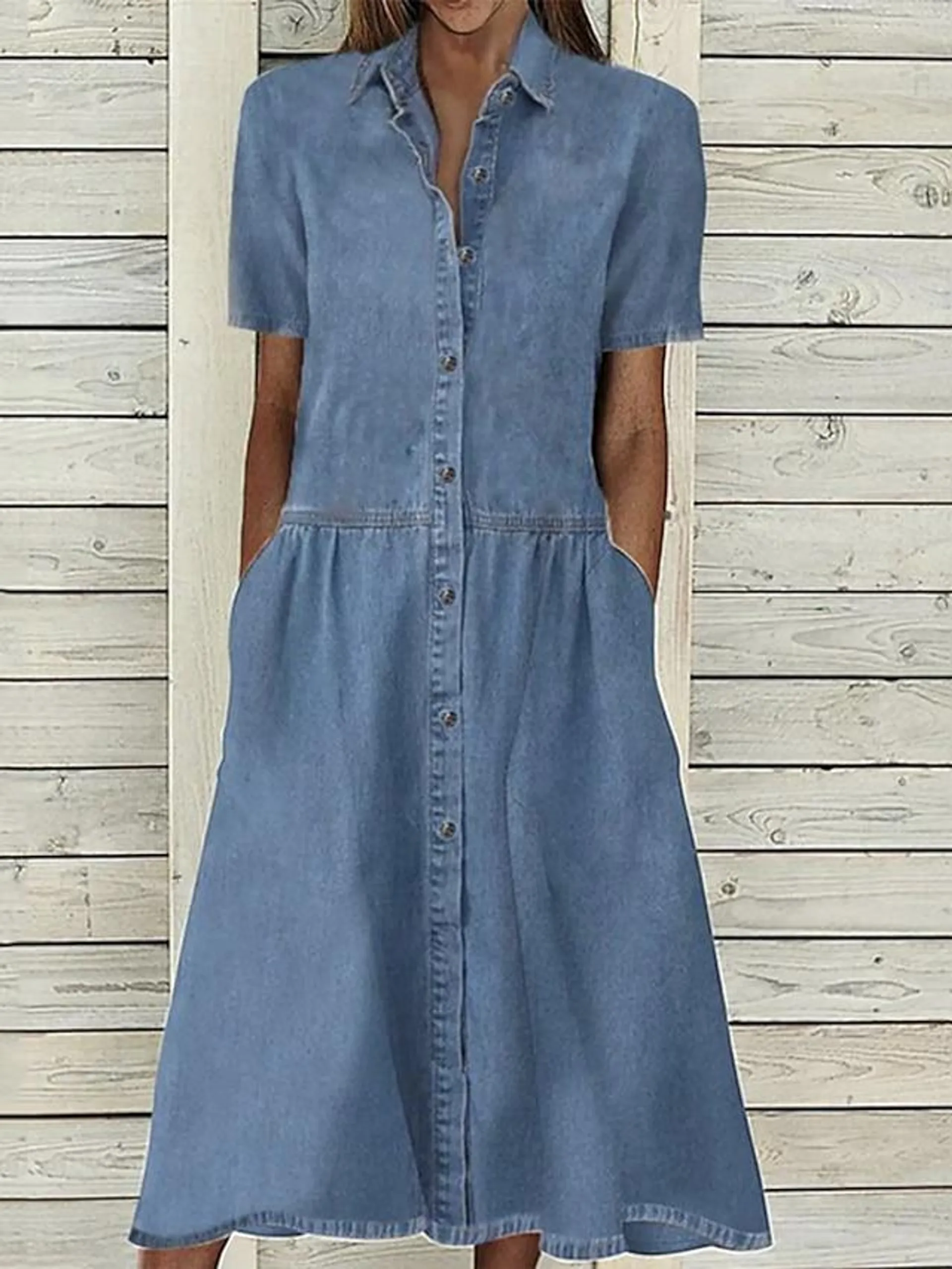 Dames Casual jurk Denim shirtjurk Maxi-jurk Denim Basic Modern Buiten Dagelijks Vakantie Overhemdkraag nappi Zak Korte mouw Zomer Lente Herfst 2023 Normale pasvorm blauw Heldere kleur S M L XL XXL