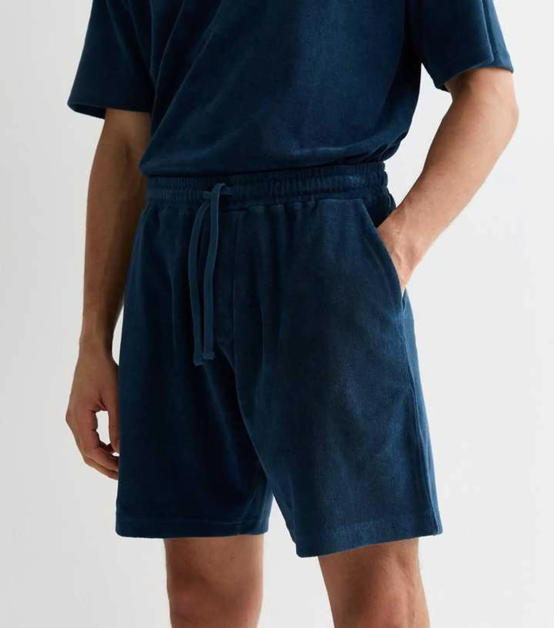 Navy Relaxed Fit Drawstring Towelling Shorts