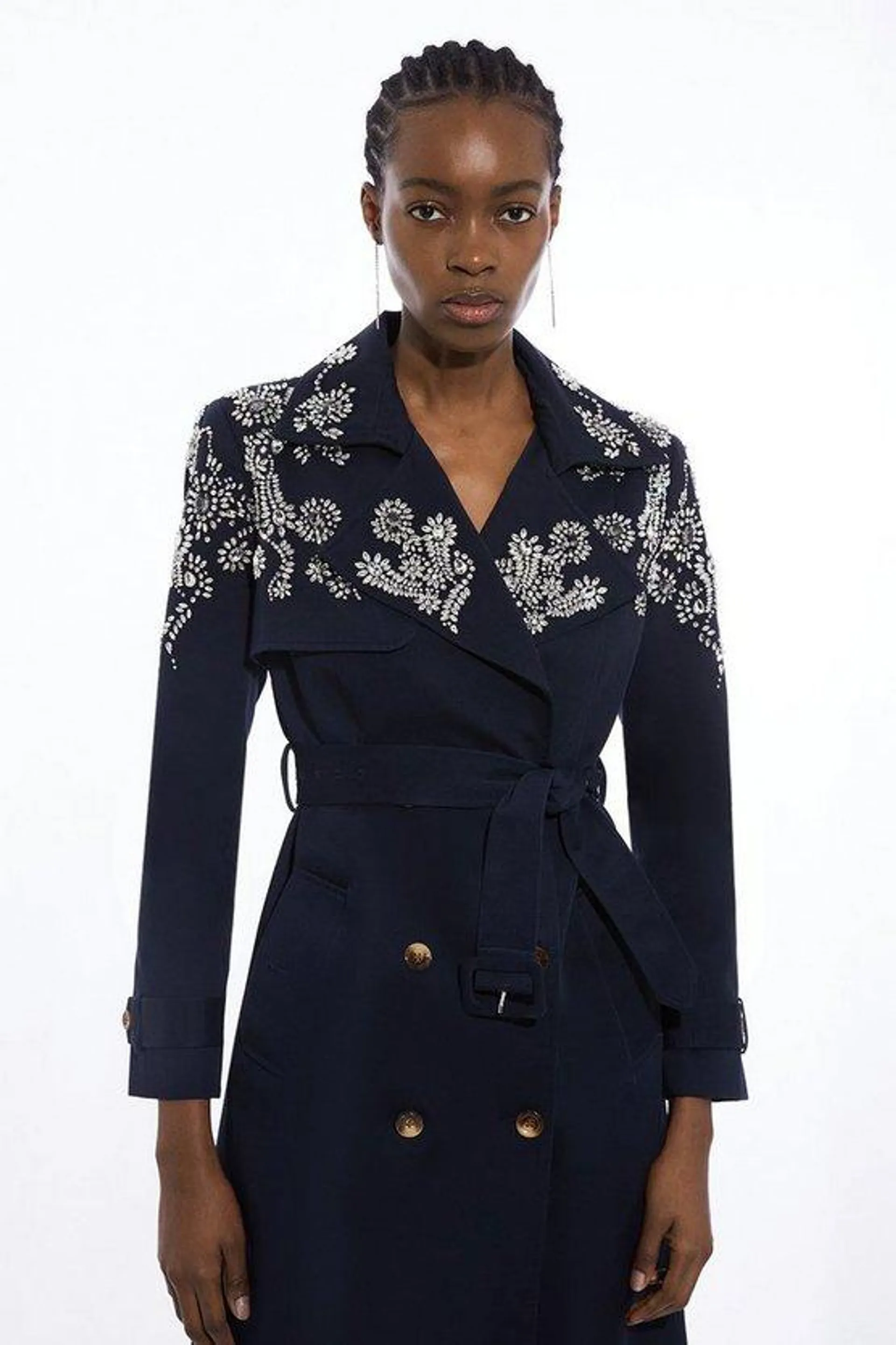 Tailored Crystal Embellished Belted Trench Coat