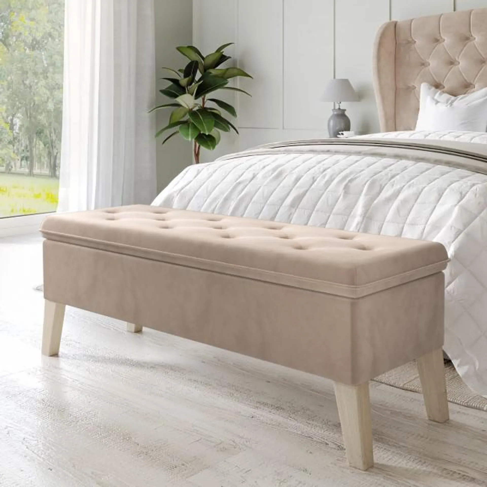 Cushioned End-of-Bed Ottoman Storage Bench in Beige Velvet - Cameron