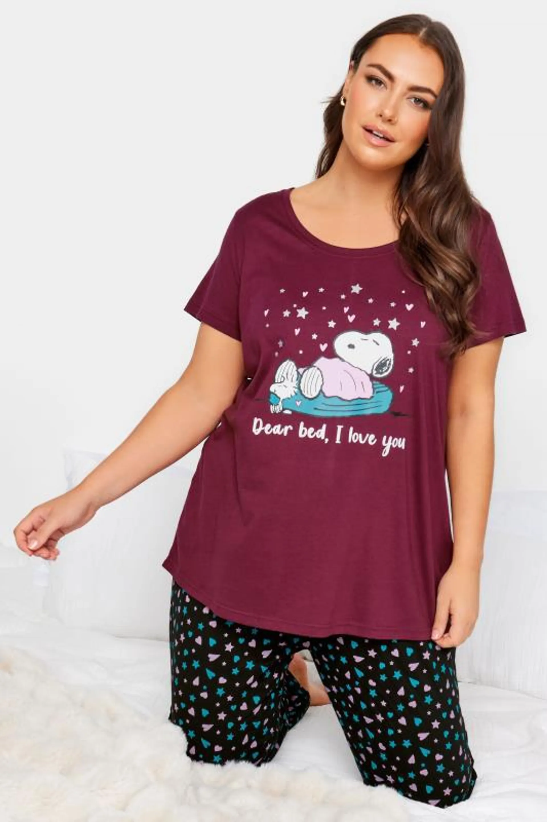 YOURS Curve Burgundy Red 'I Love You Snoopy' Slogan Pyjama Set