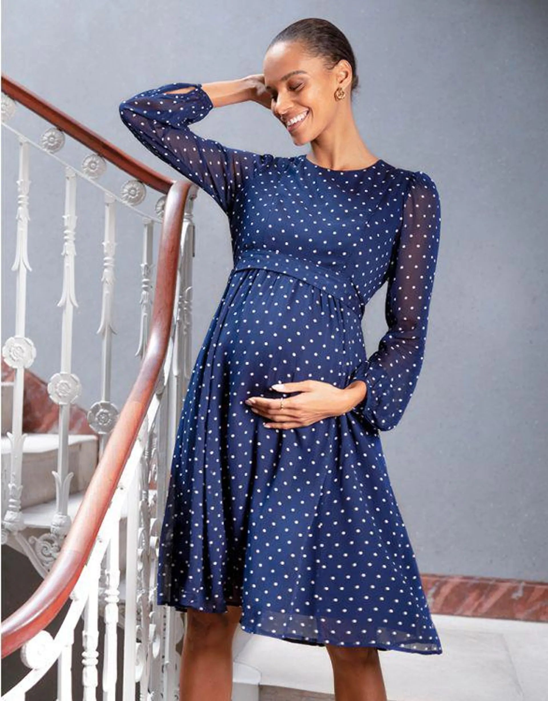 Navy & White Spot Chiffon Maternity to Nursing Dress