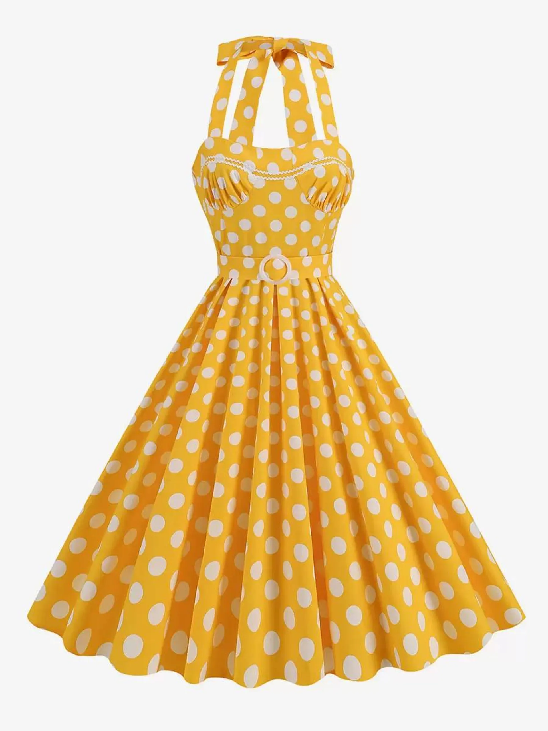 Retro Dress Halter 1950s Audrey Hepburn Style Sash Backless Sleeveless Polka Dot Medium Yellow Rockabilly Dress