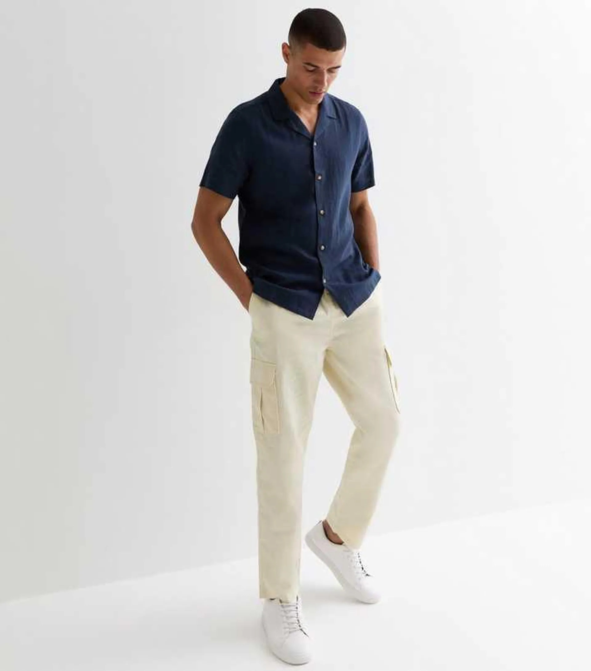 Stone Linen Blend Cargo Trousers