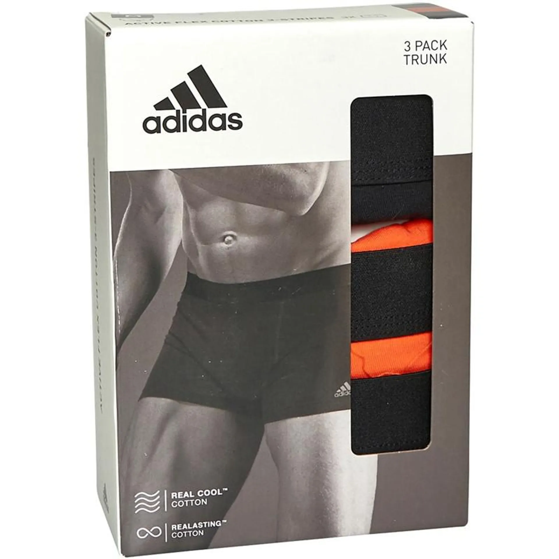 adidas Mens Active 3-Stripes Cotton Three Pack Trunks Black/​Charcoal/​Orange