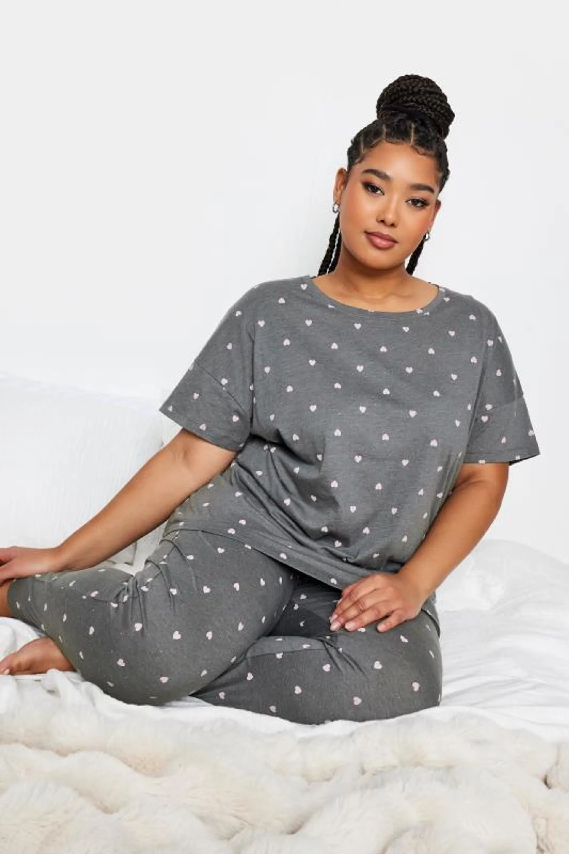 YOURS Curve Grey Mini Heart Print Pyjama Set