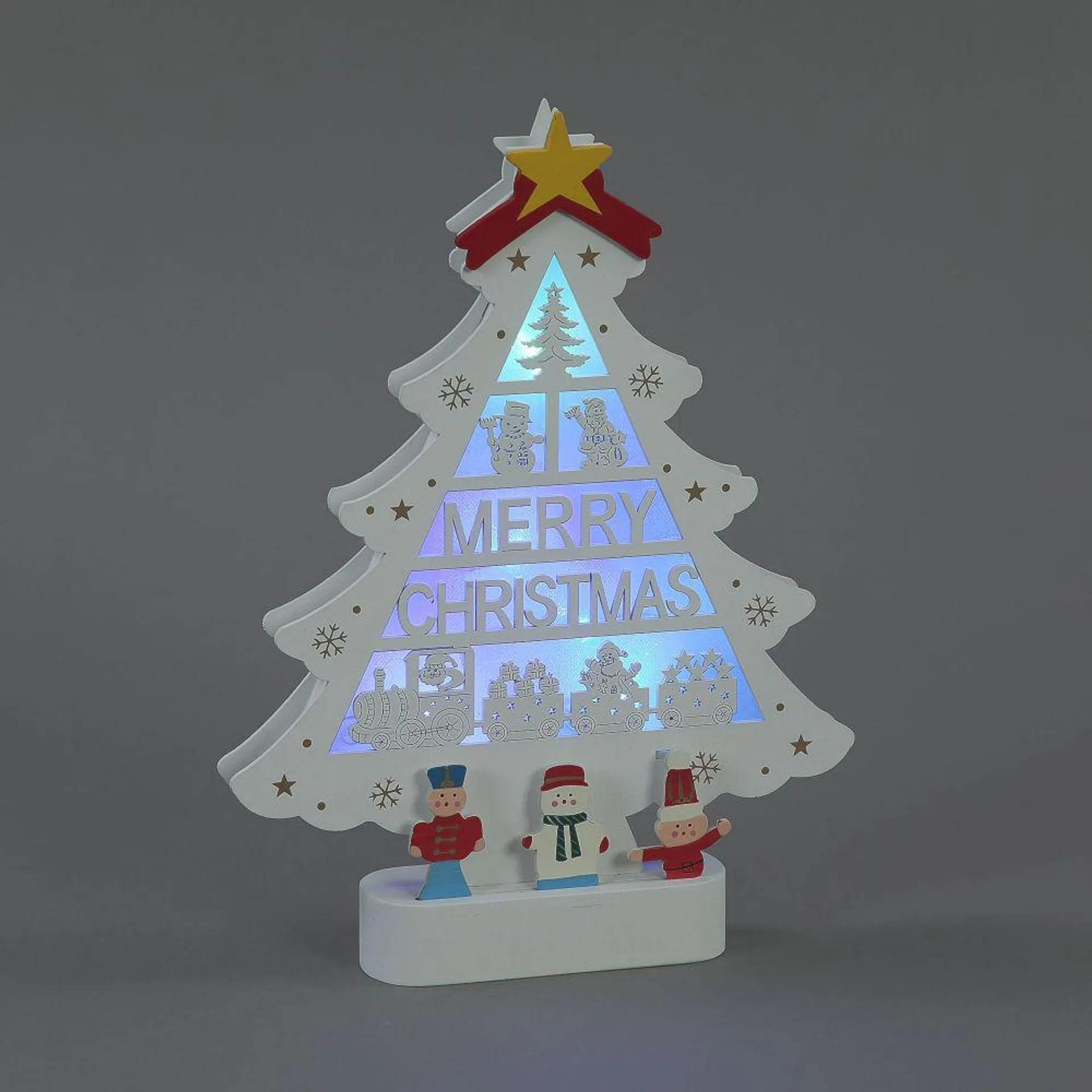 Battery Operated White Wooden Christmas Tree with Colour Changing LED's (31cm)