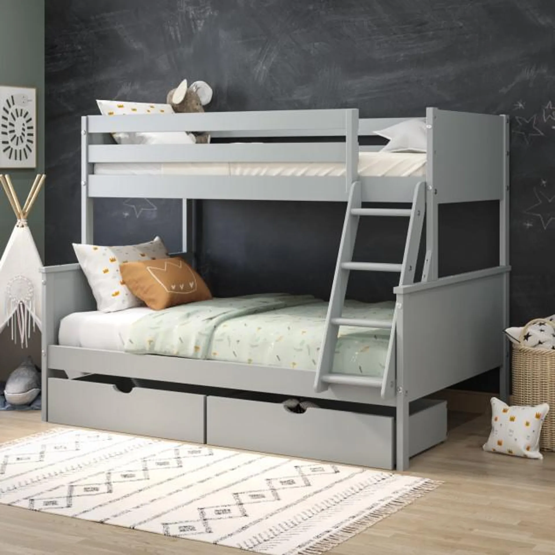 Grey Triple Sleeper Bunk Bed with Storage Drawers - Parker