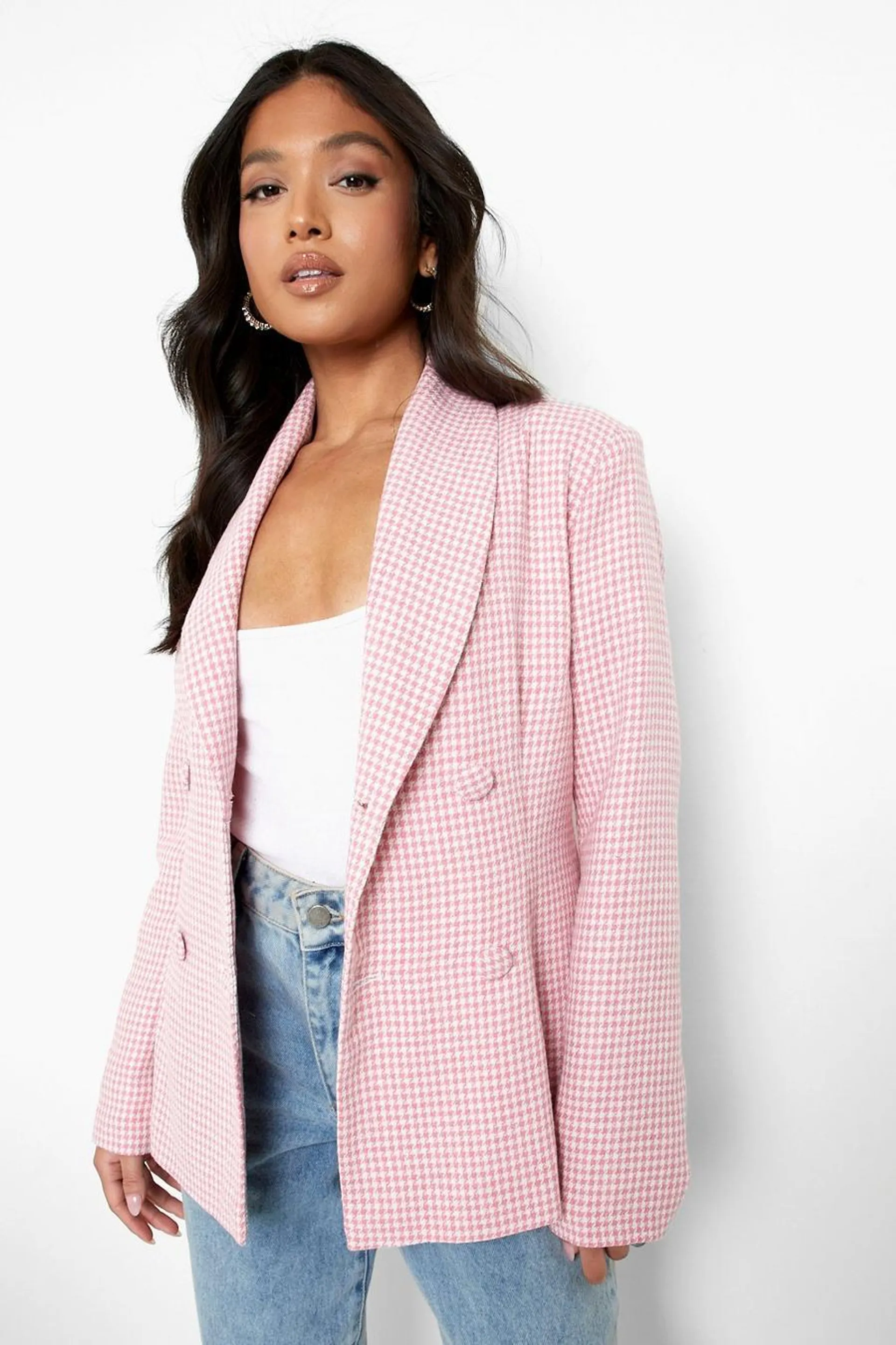 Petite Dogtooth Check Double Breasted Blazer