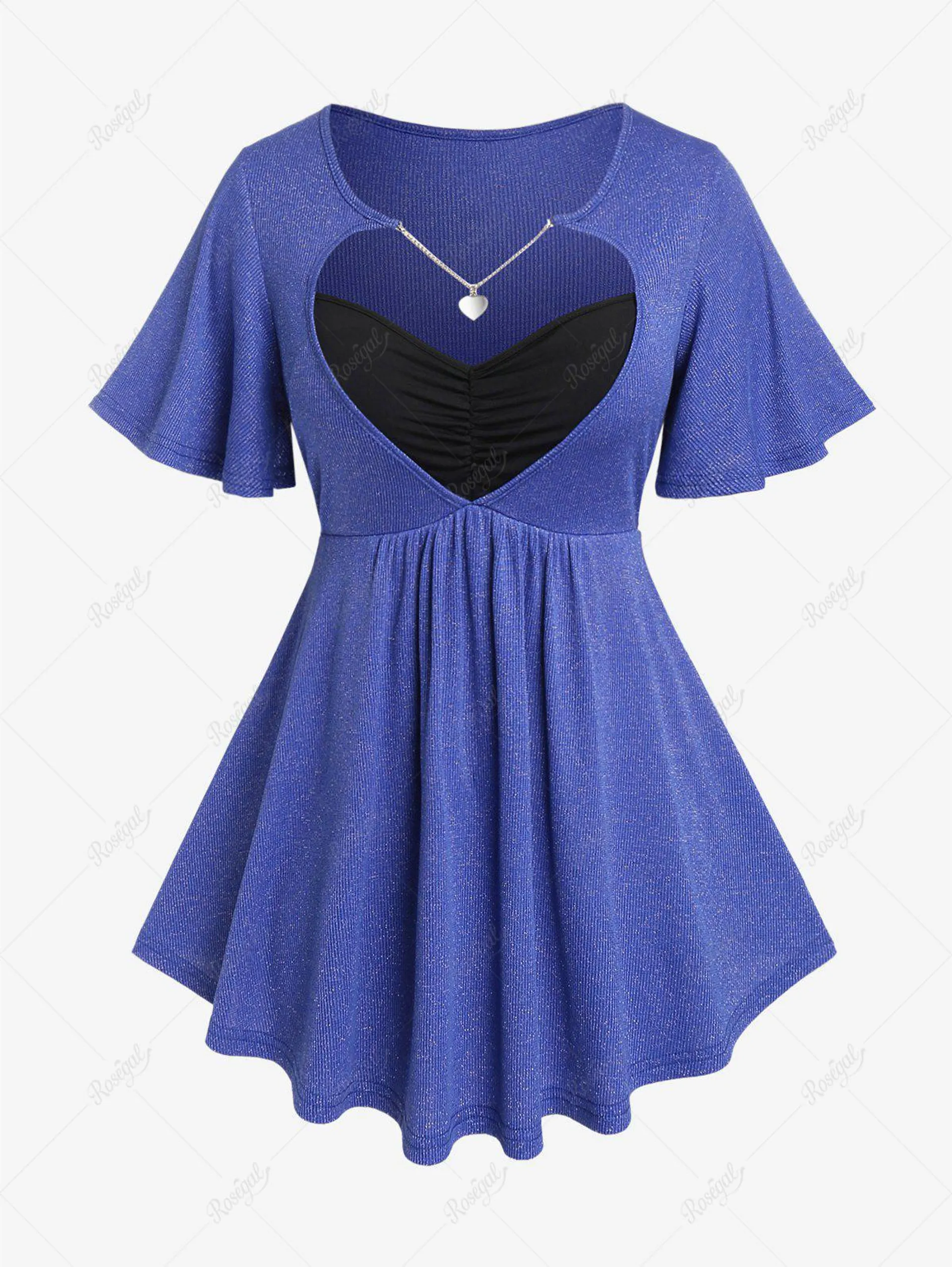 Plus Size Heart Cutout Chains Ruched Flutter Sleeves Ribbed T-shirt - 1x | Us 14-16