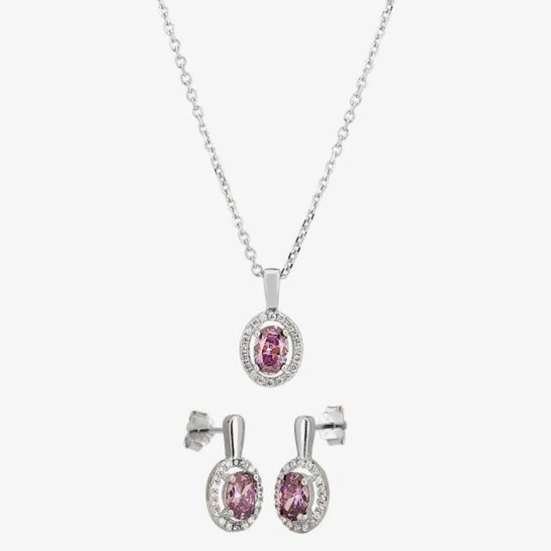 Silver Lilac Cubic Zirconia Oval Pendant and Dropper Earring Set