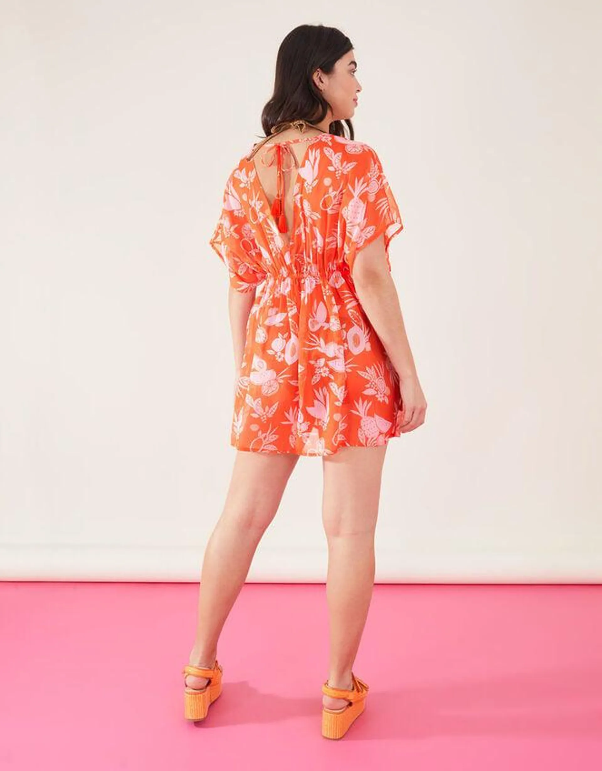 Fruity Floral Twist Detail Chiffon Kaftan Orange