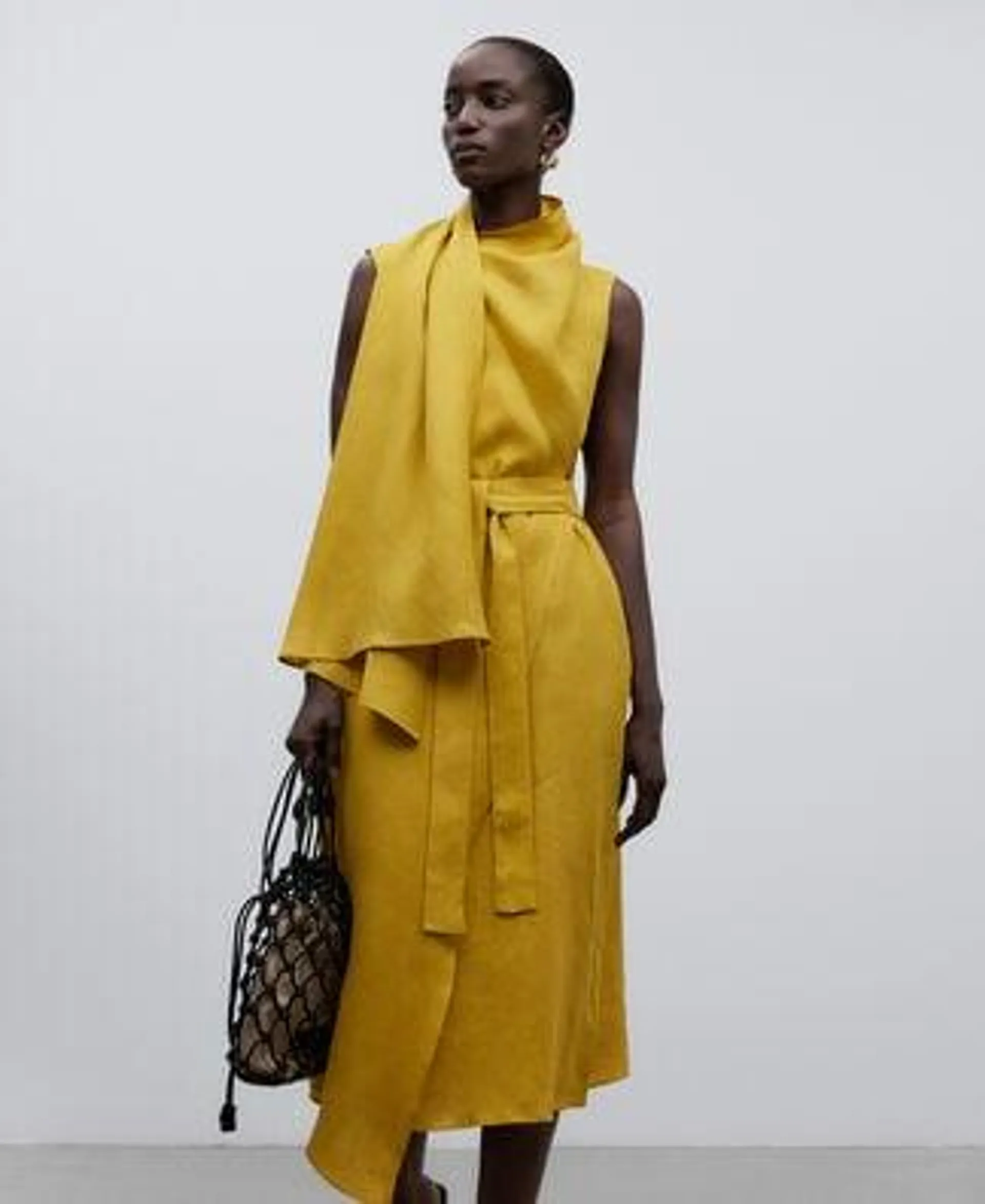 Yellow scarf-neck dress woman