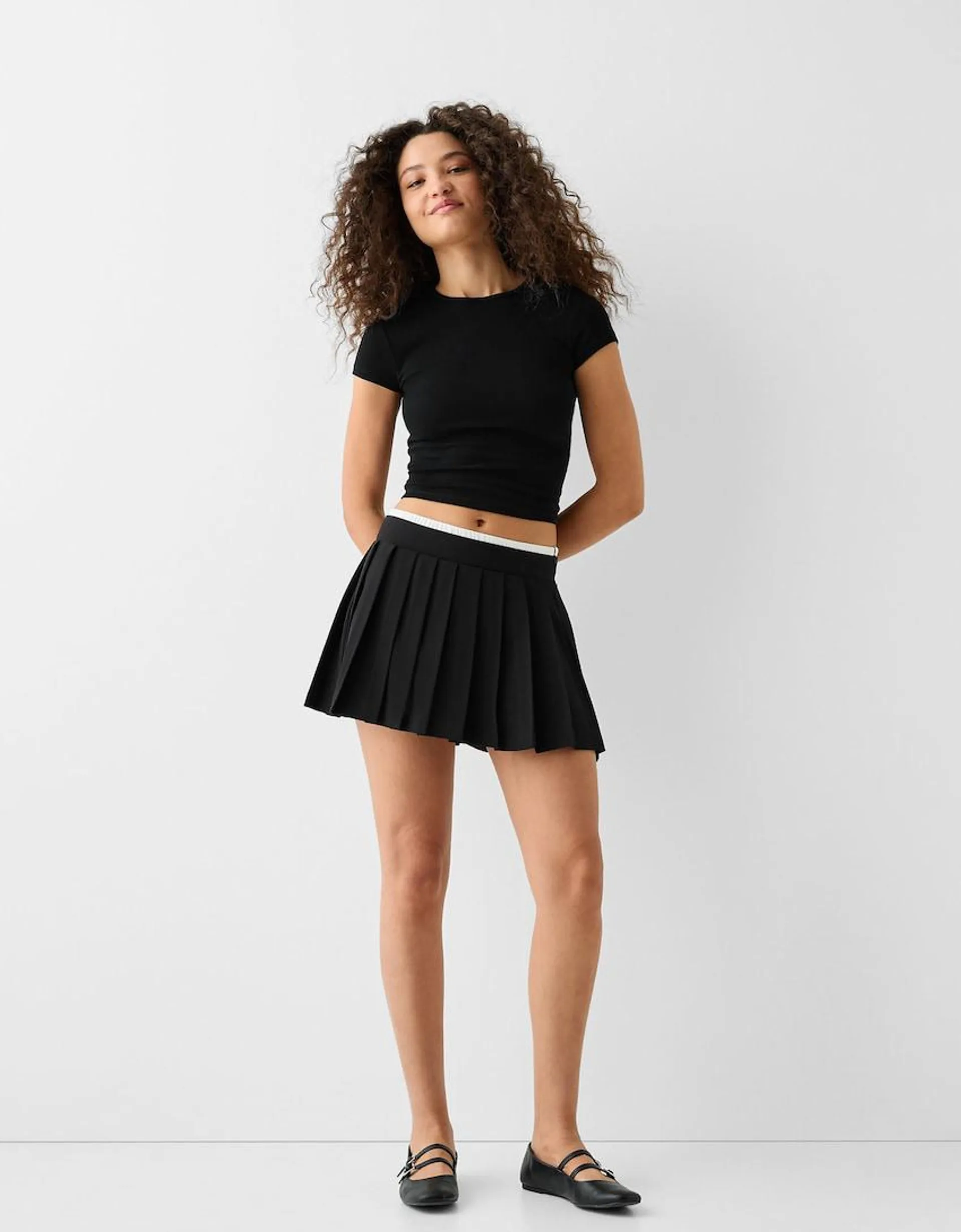 Contrast elastic poplin box pleat mini skirt