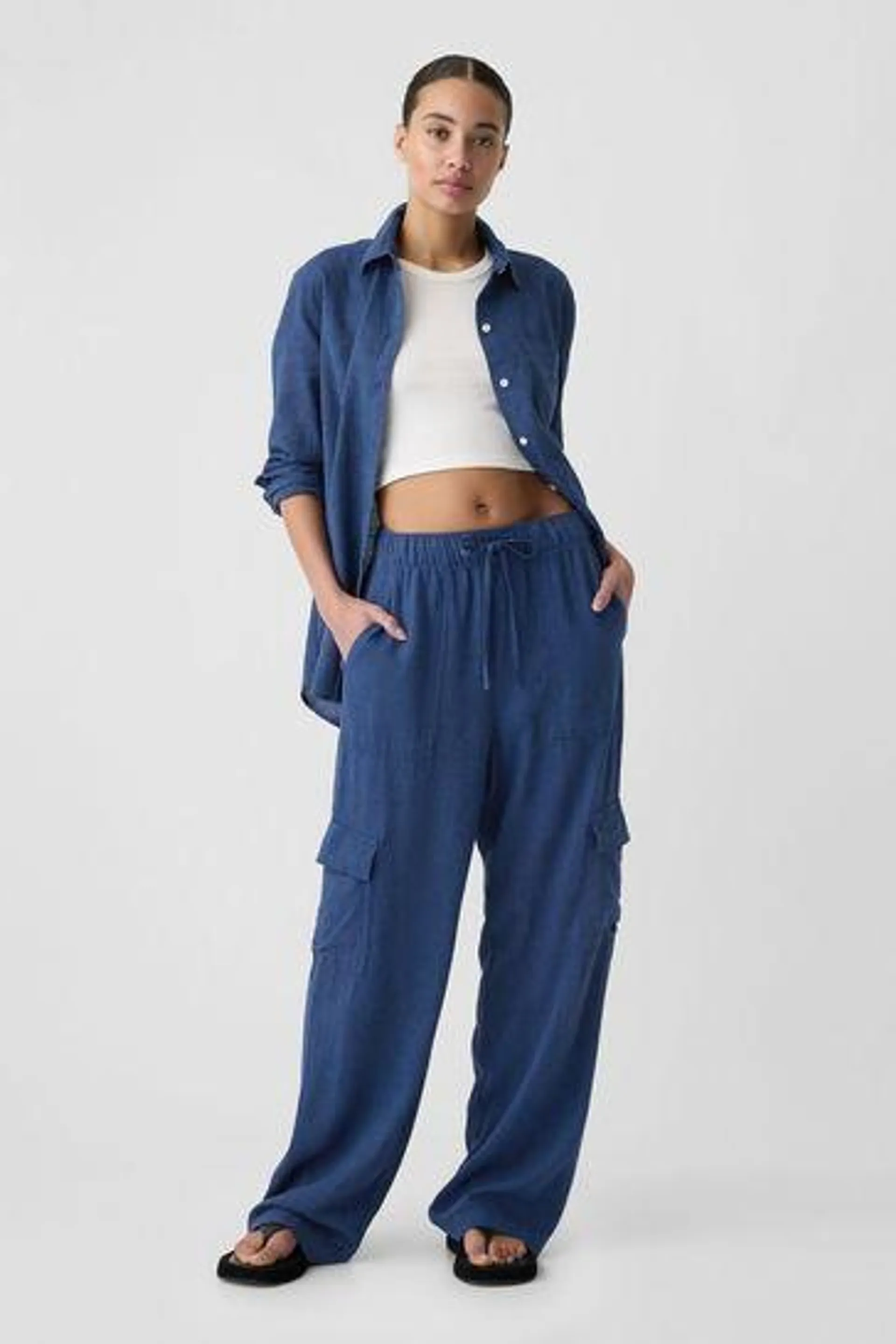 Linen Blend Wide Leg Cargo Pull On Trousers