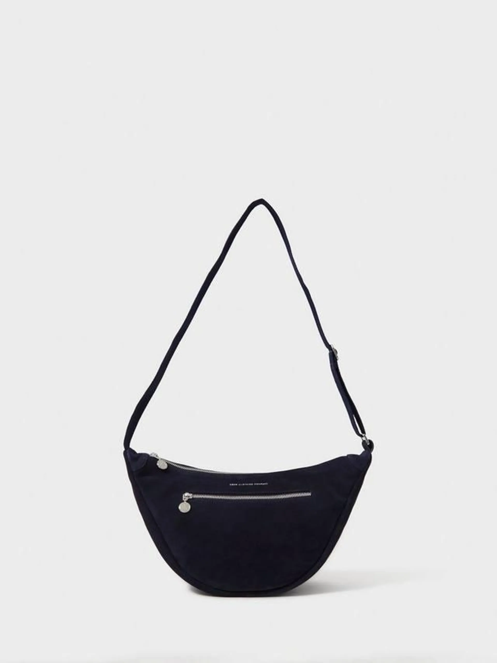 Half Moon Sling Suede Bag, Navy Blue