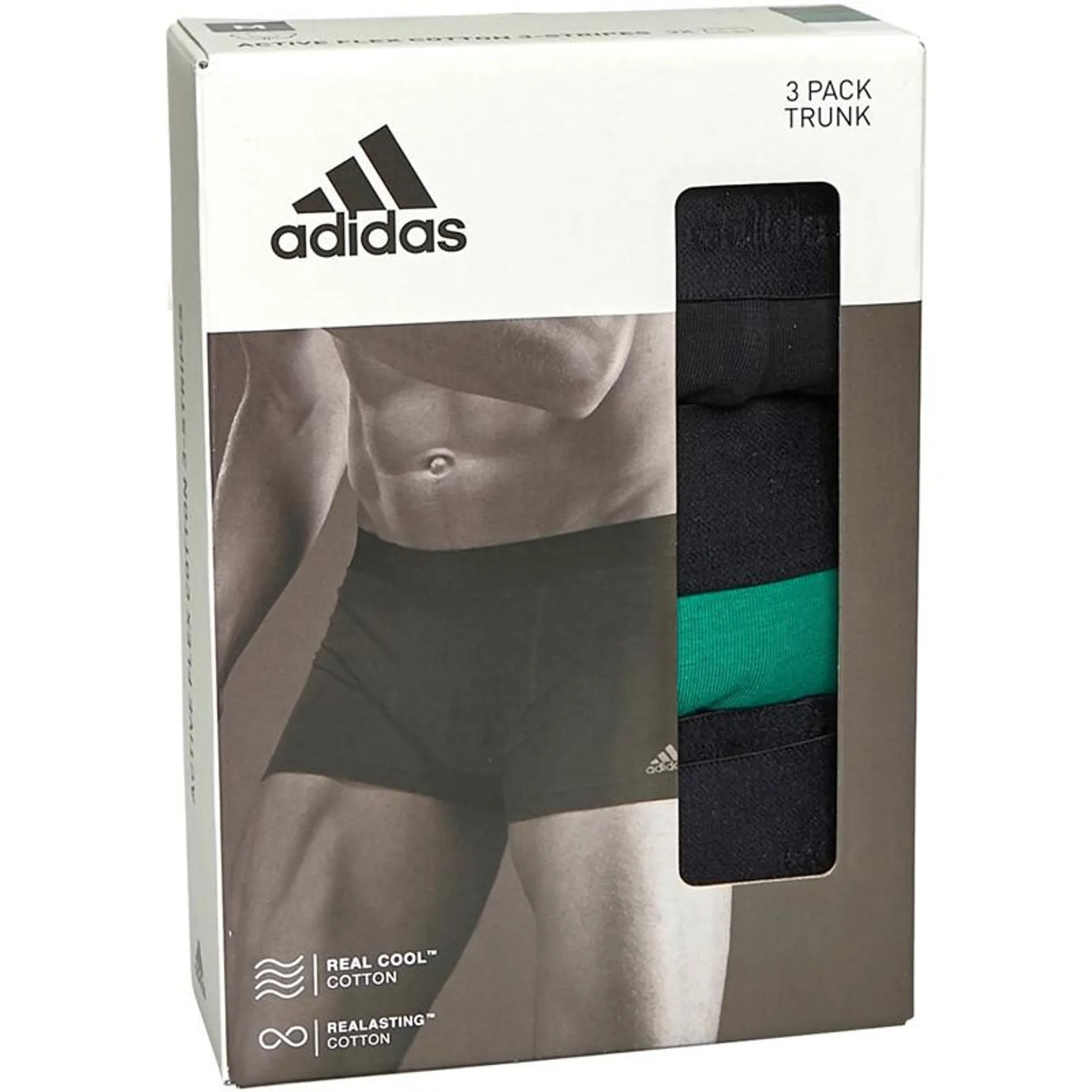 adidas Mens Active 3-Stripes Cotton Three Pack Trunks Black/​Green/​White