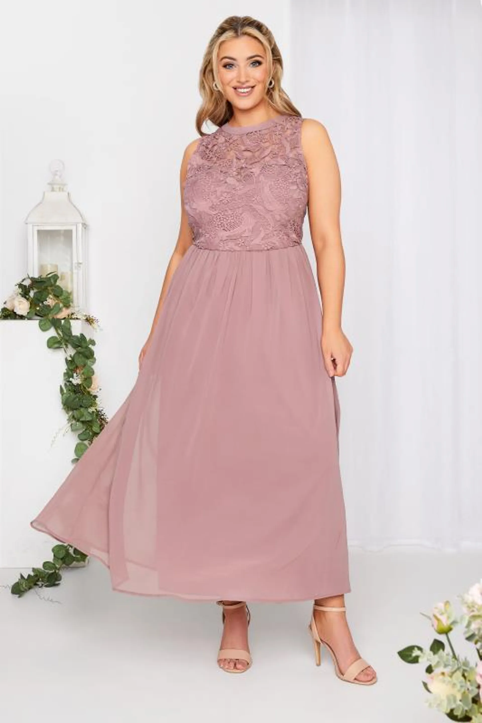 YOURS LONDON Curve Pink Lace Front Chiffon Maxi Dress