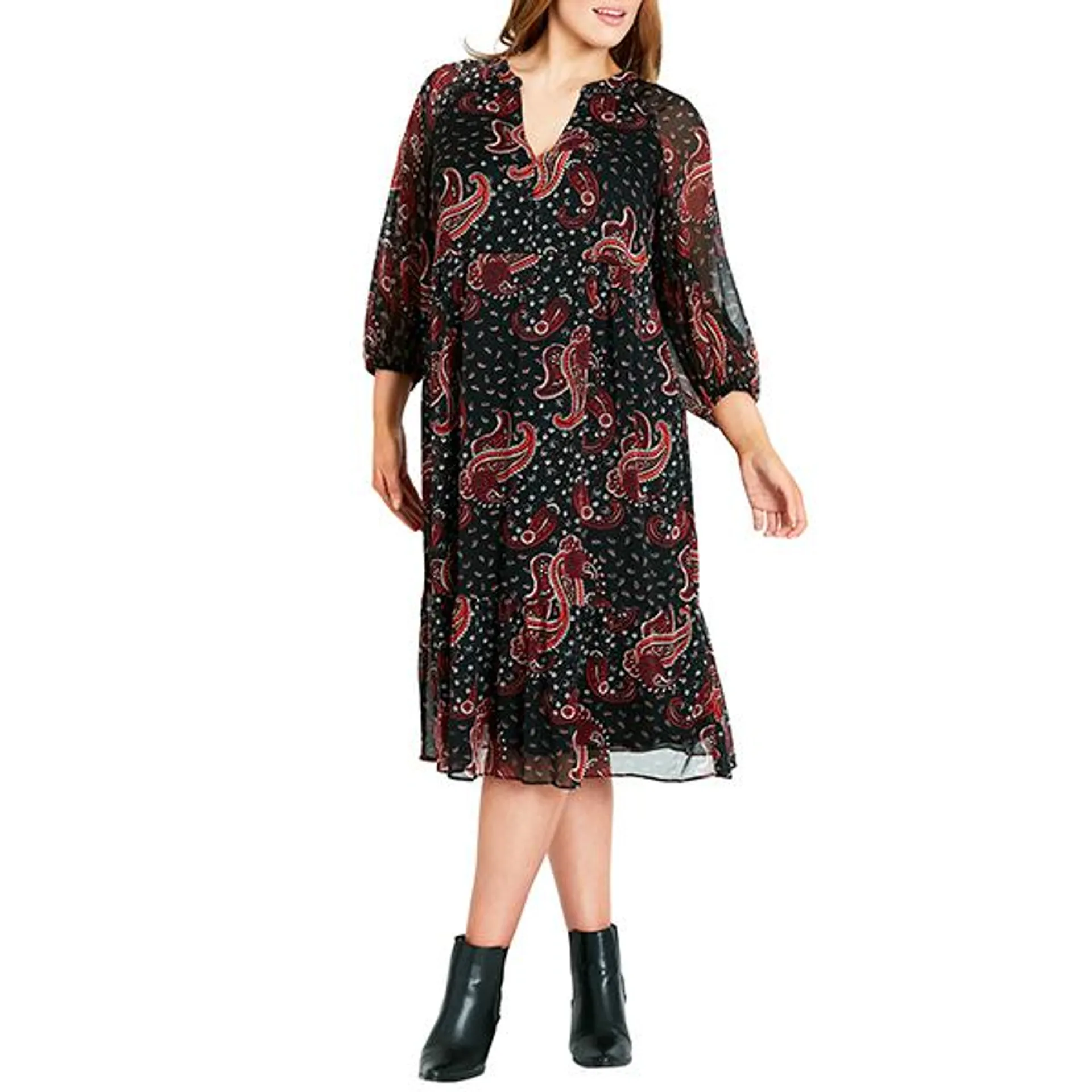 Evans Red Print Paisley Tiered Dress