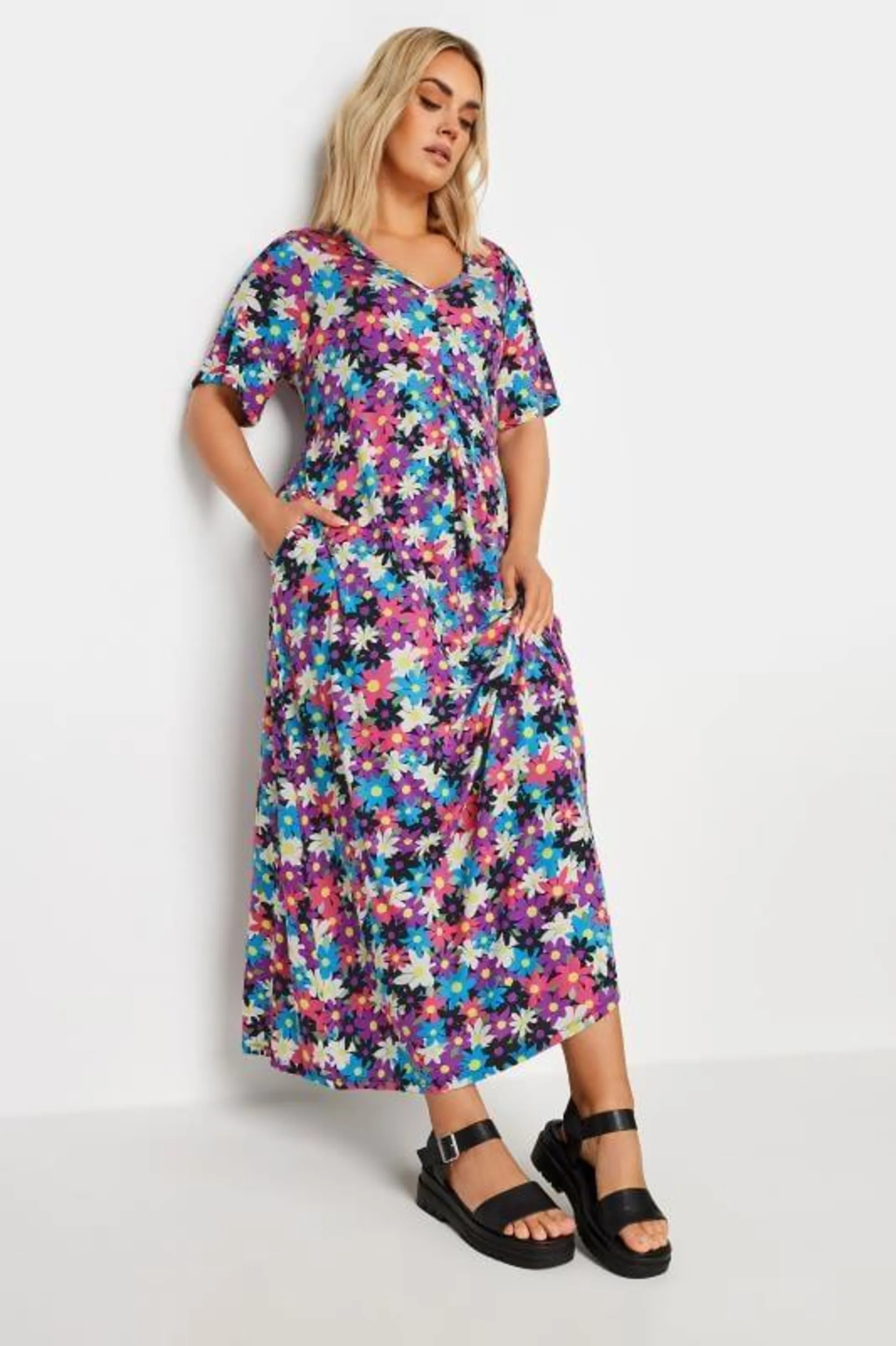 YOURS Curve Black & Pink Floral Print Maxi Dress