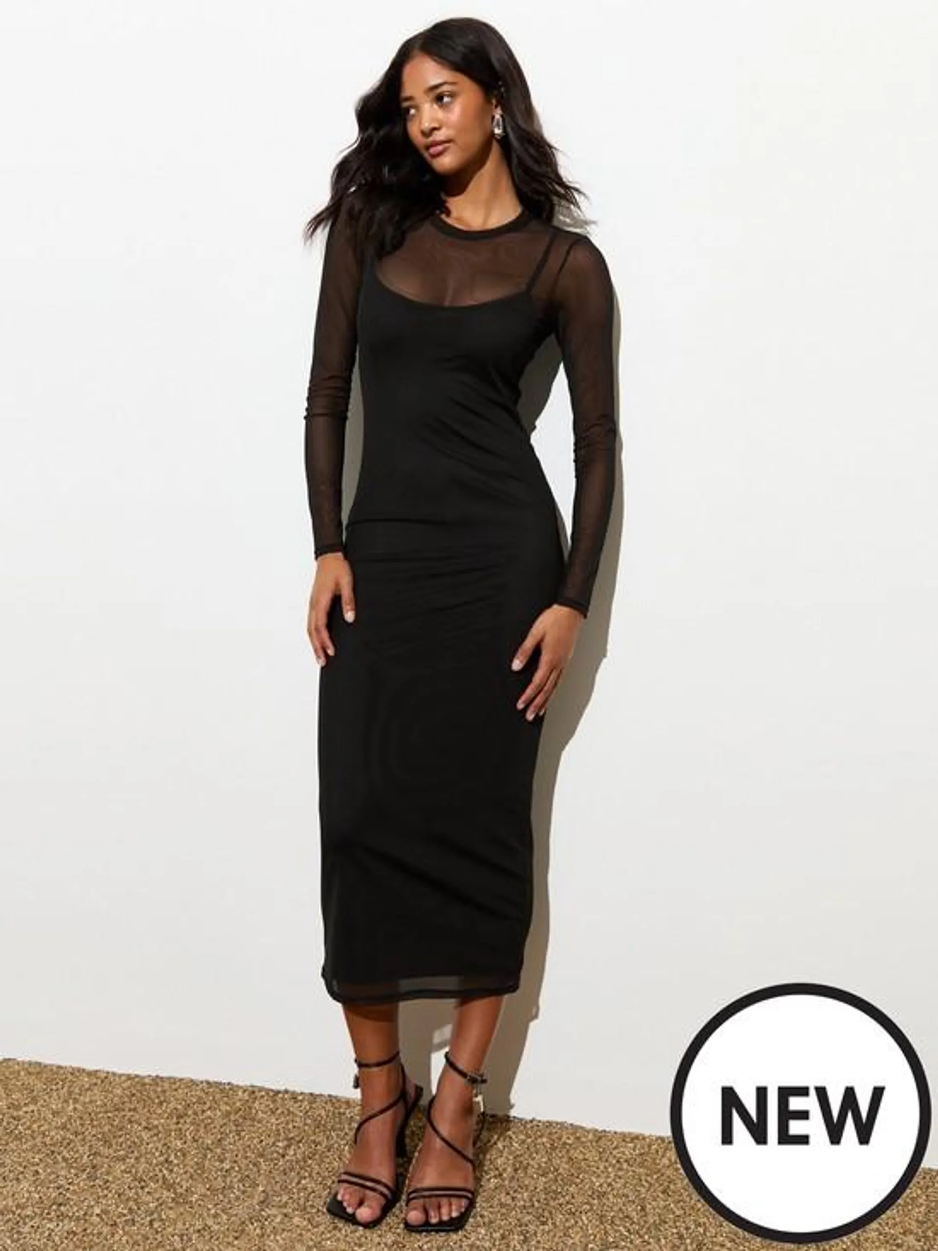 Black Long Sleeve Layered Mesh Midi Dress