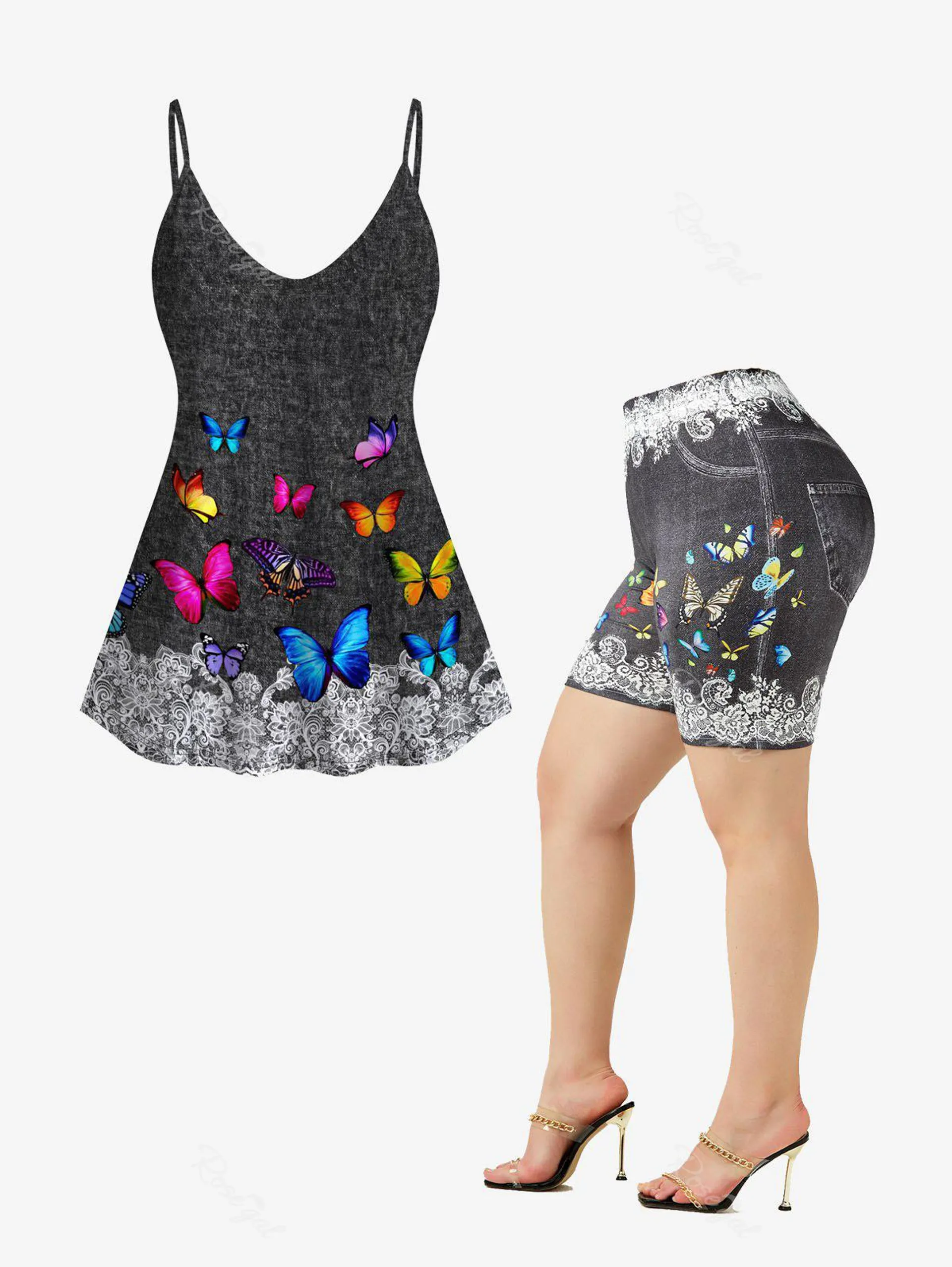 3D Lace Butterfly Print Cami Top and Short Jeggings Plus Size Outfits
