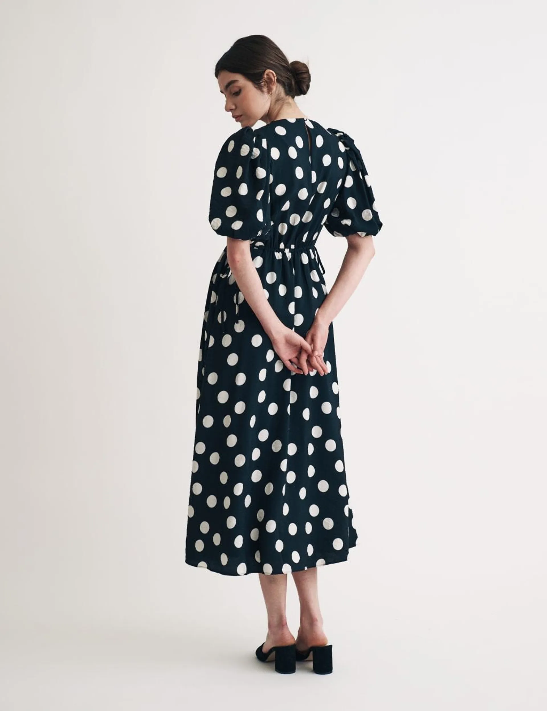 Polka Dot Puff Sleeve Midi Waisted Dress