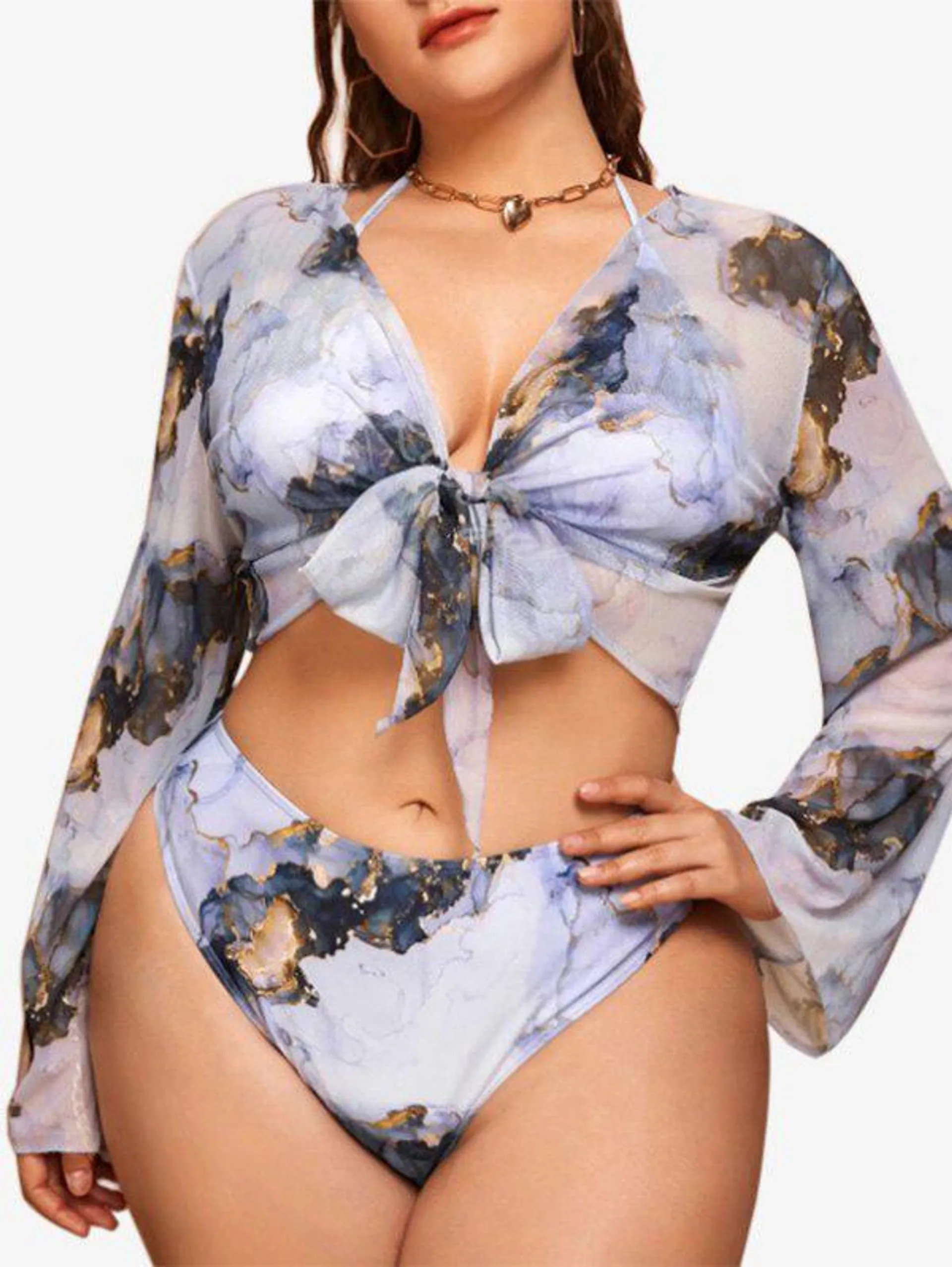 Plus Size Halter Padded Printed Bikini Swimsuit with Knot Cover Up Top - 4xl