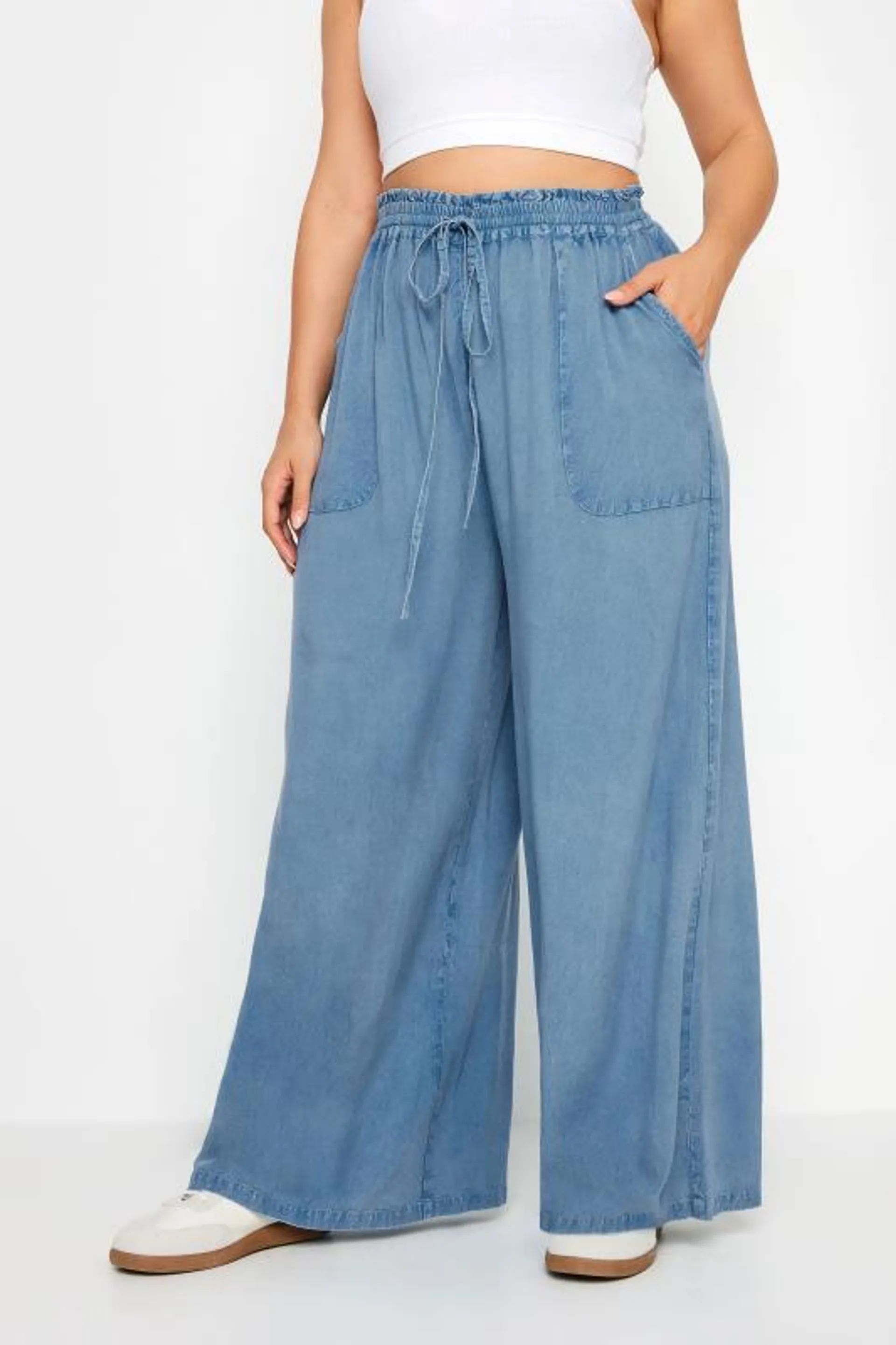 YOURS Curve Blue Chambray Wide Leg Trousers