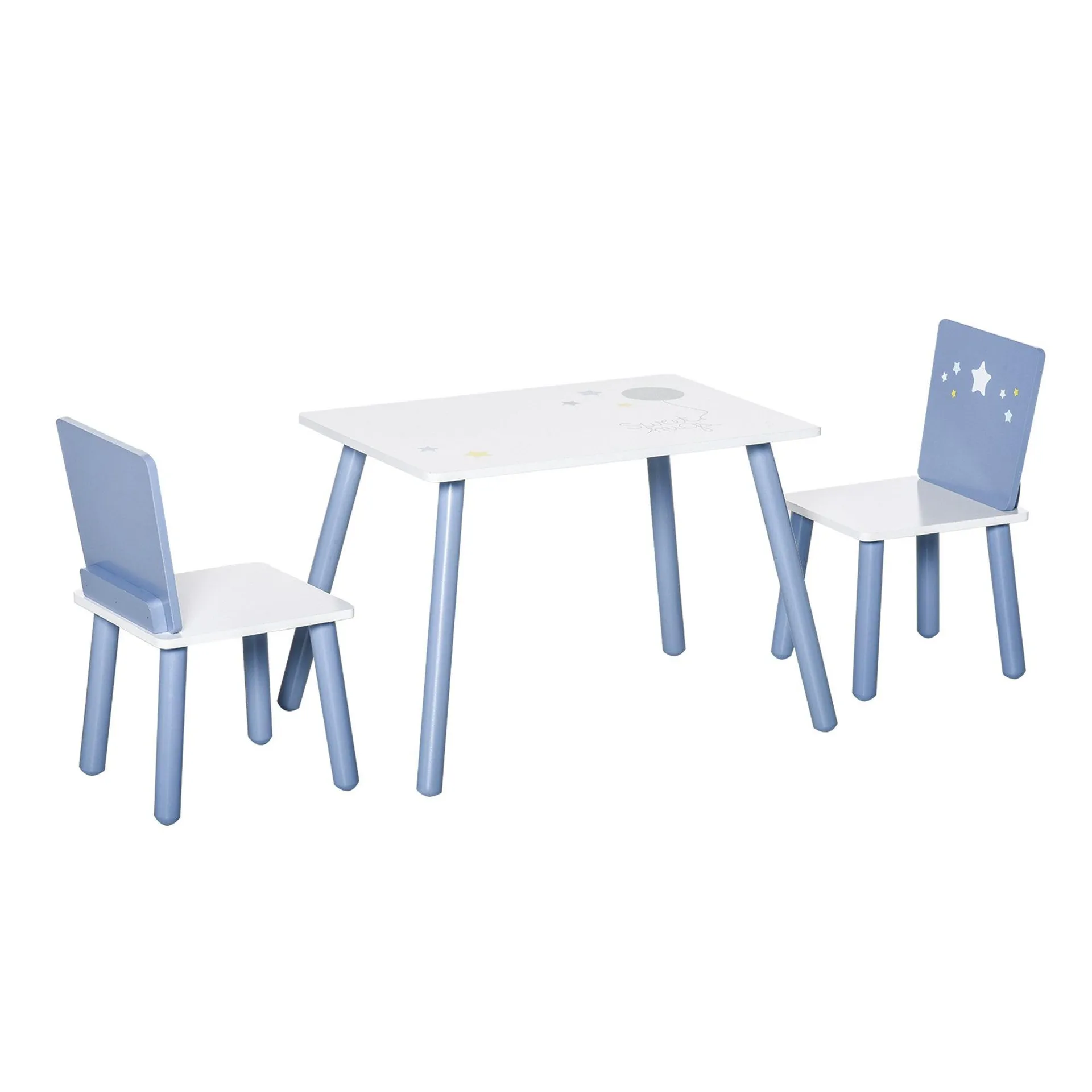 Kids Table and Chairs Set 3 Pieces 1 Table 2 Chairs Toddler Wooden Multi-usage Easy Assembly Star Image Ornament Blue and White Pcs