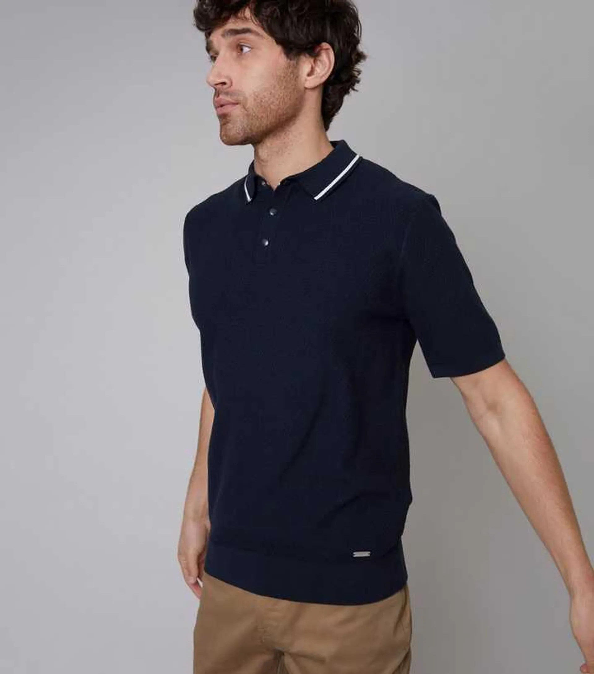 Threadbare Navy Textured Knit Polo Shirt