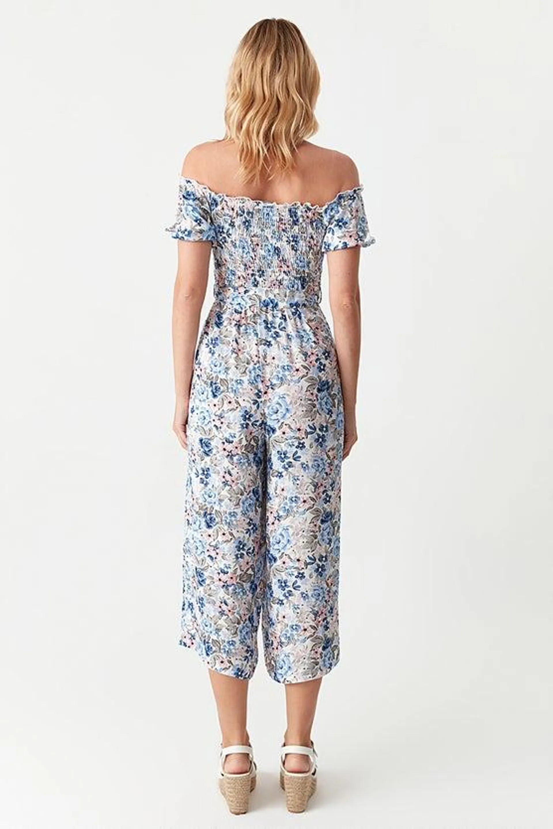 Blue Floral Bardot Shirred Jumpsuit