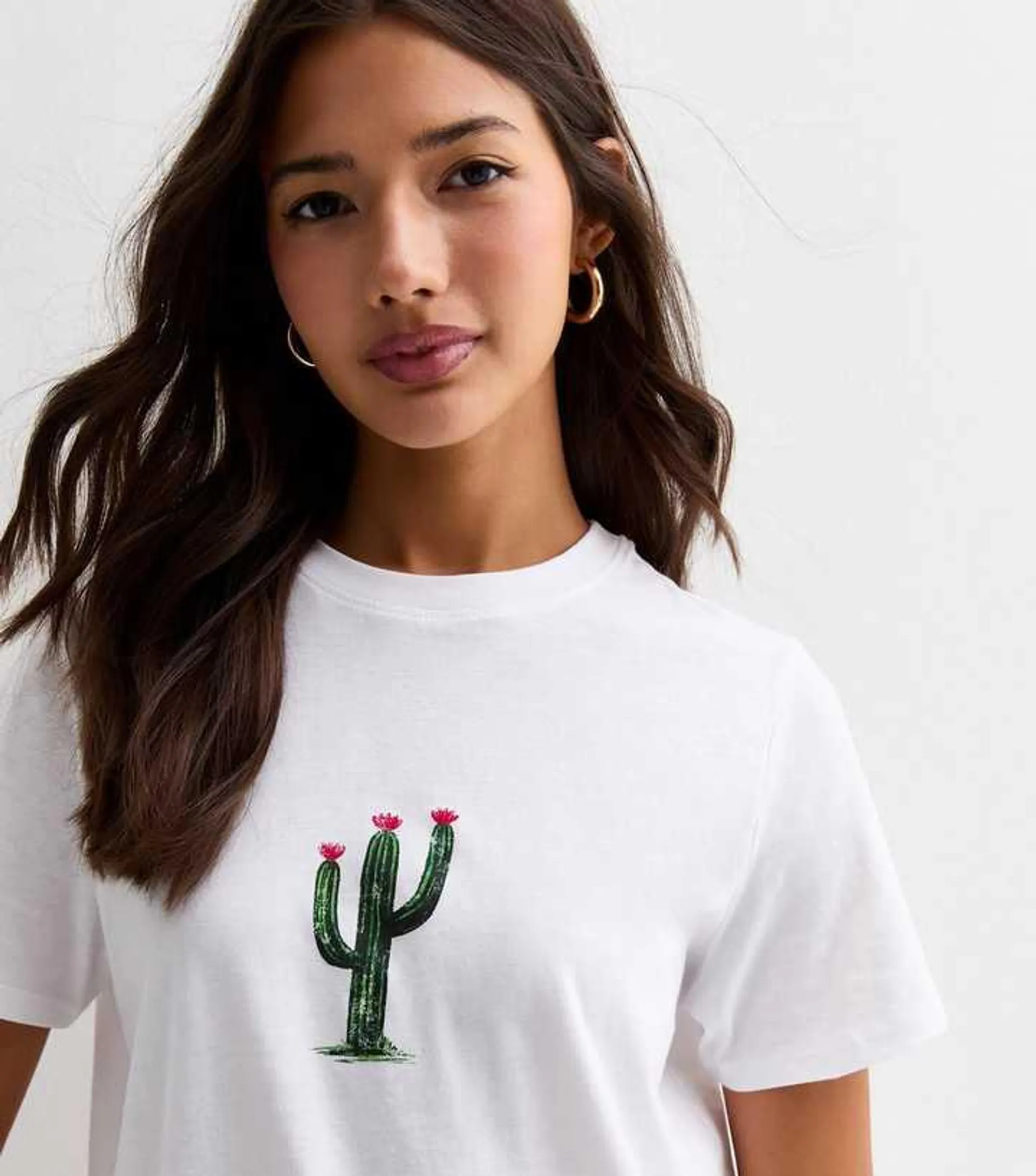 White Cotton Cactus Print T-Shirt