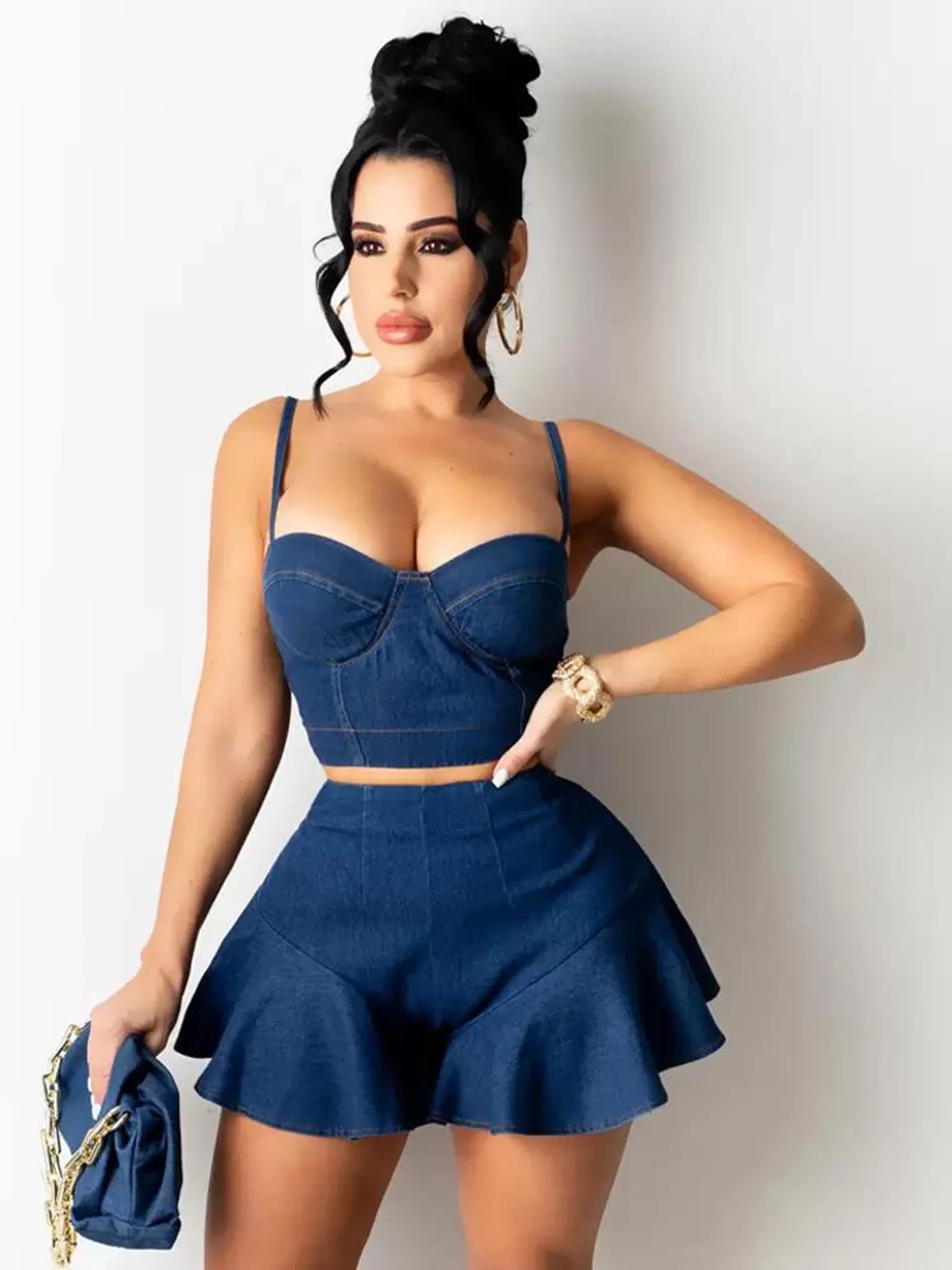 Pant Set Blue Sexy Resort Wear Ruffles Denim