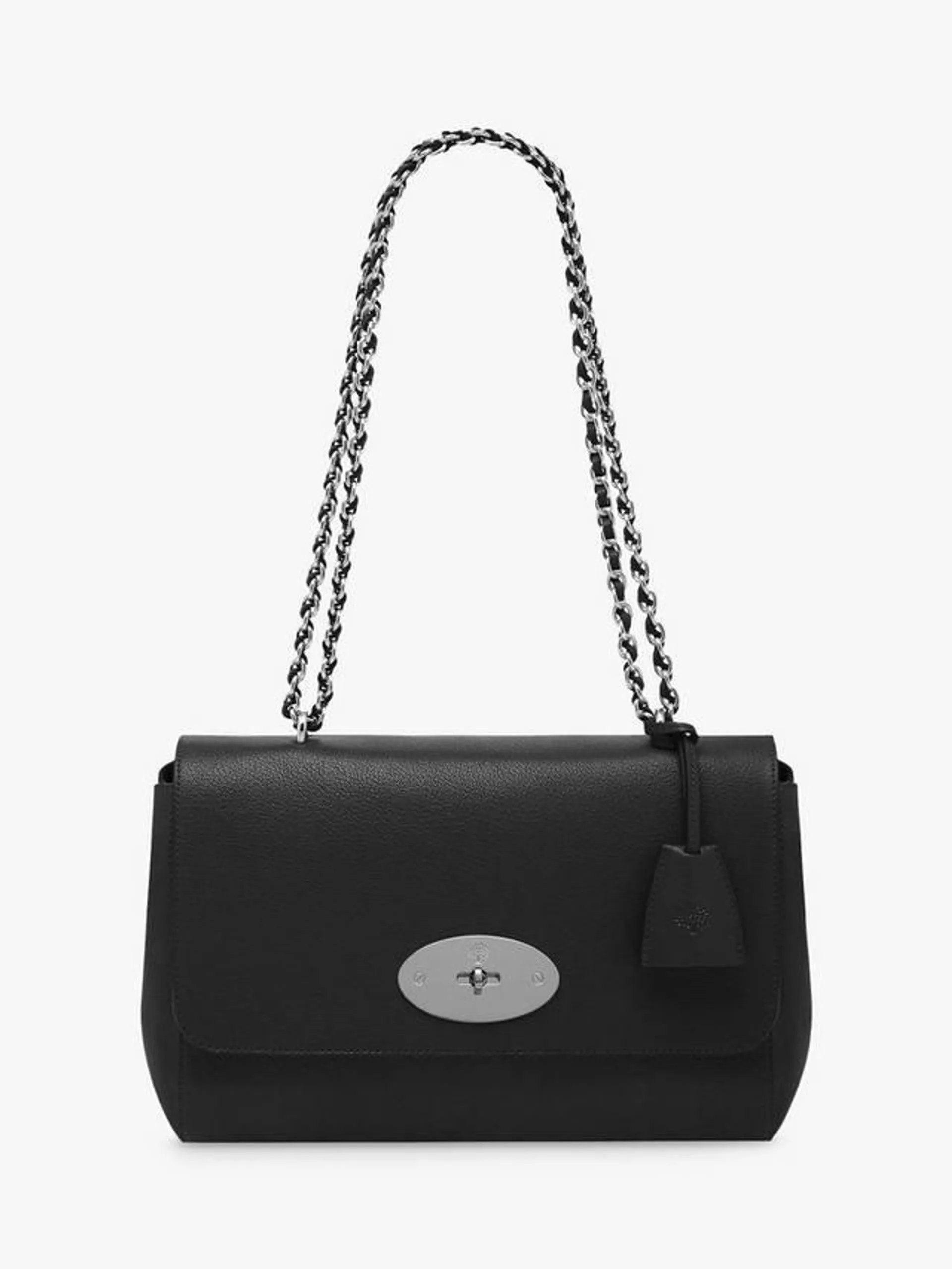 Medium Lily Glossy Goat Leather Shoulder Bag, Black/Silver