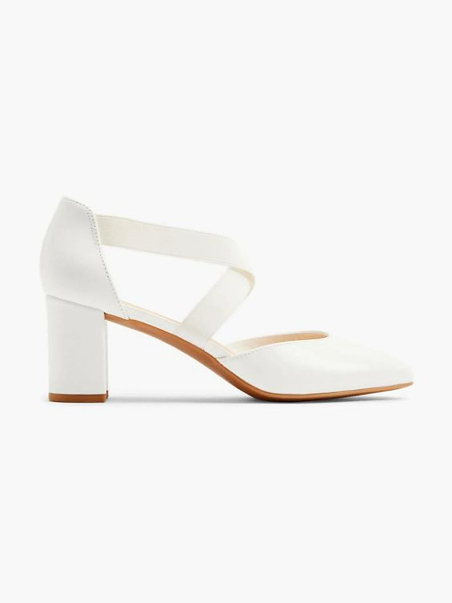 White Leather Elasticated Strap Block Heel