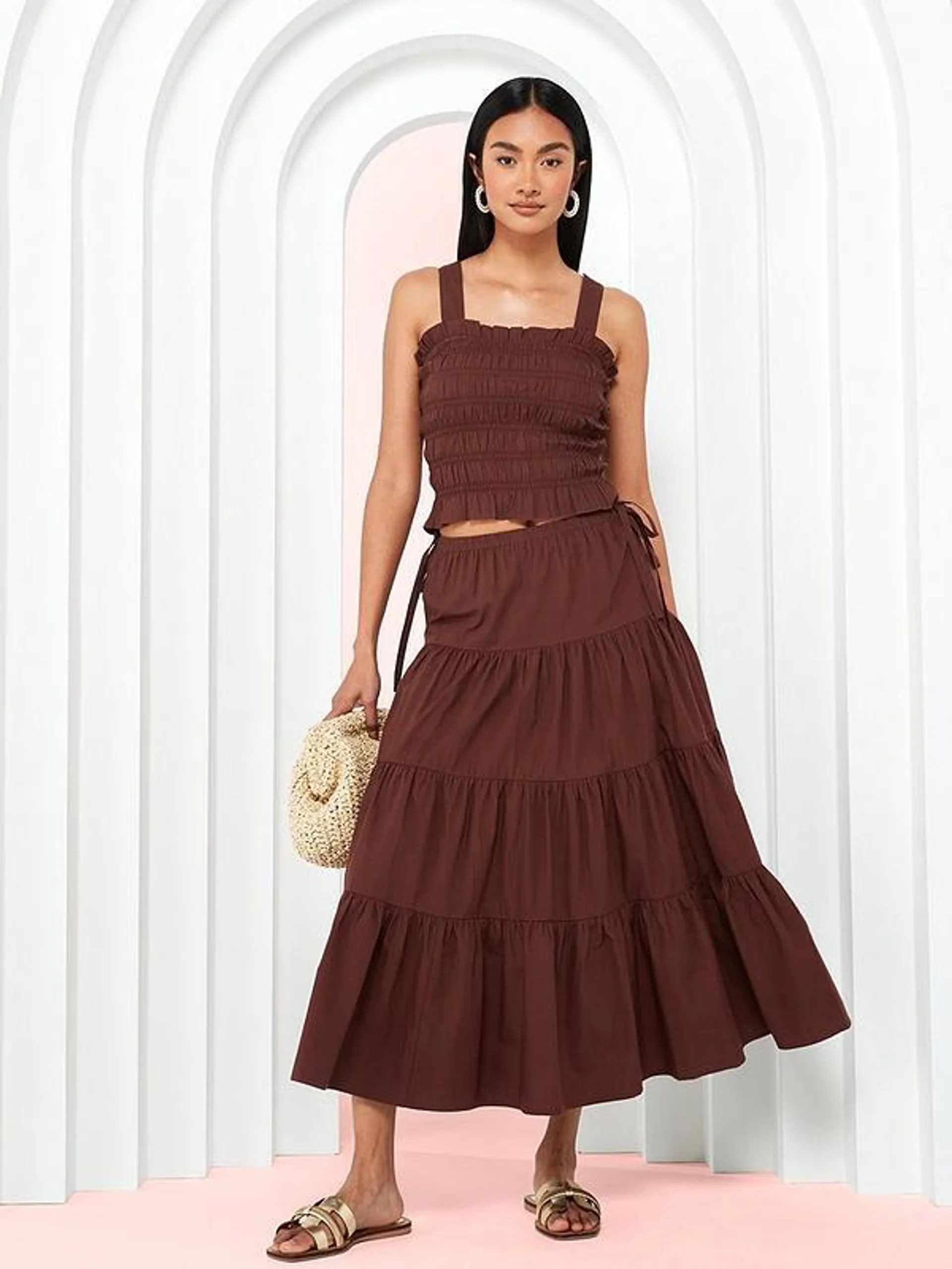 Tiered Midi Skirt Co-ord - Brown