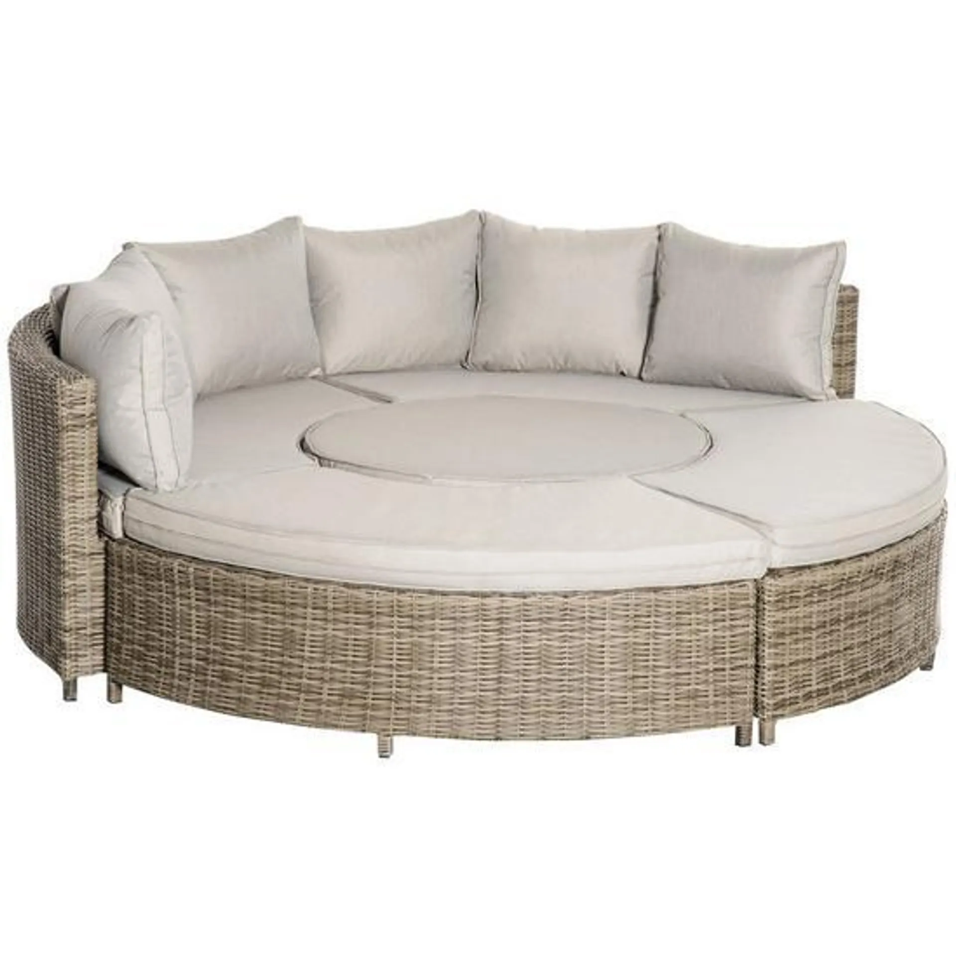 5 PCs Outdoor Rattan Lounge Chair Round Daybed Table Conversation Set w/ Cushion