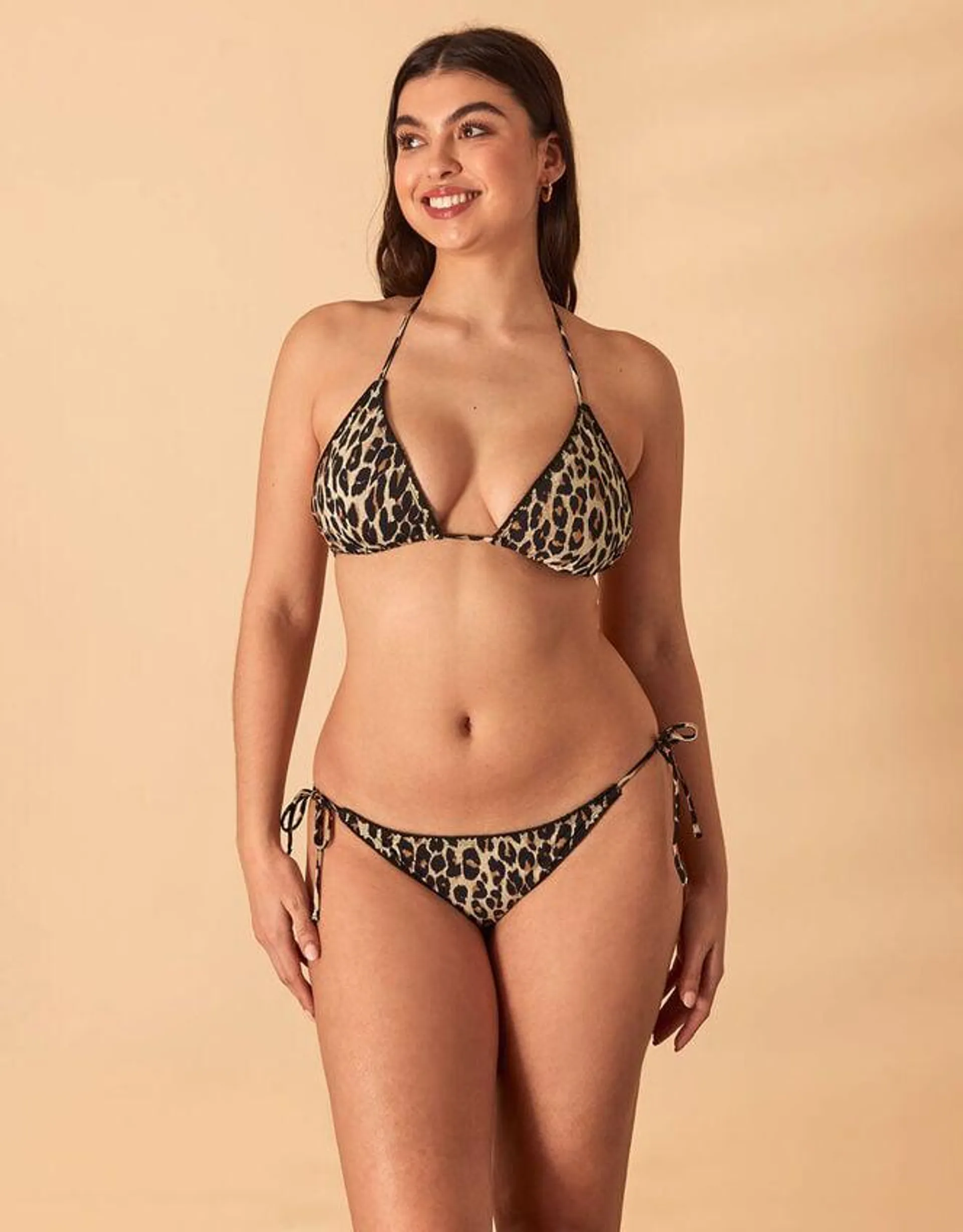 Leopard Blanket Stitch Triangle Bikini Top Brown