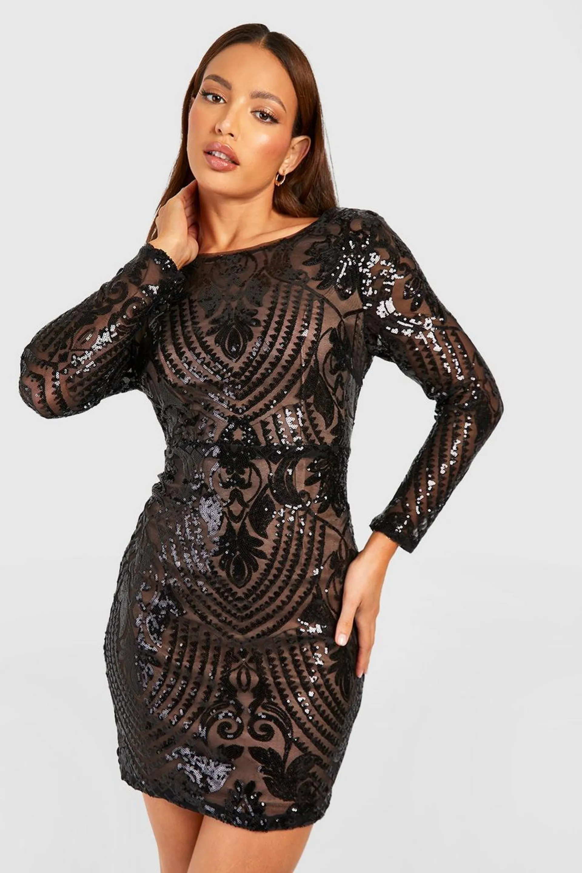 Tall Damask Sequin Cowl Back Mini Dress