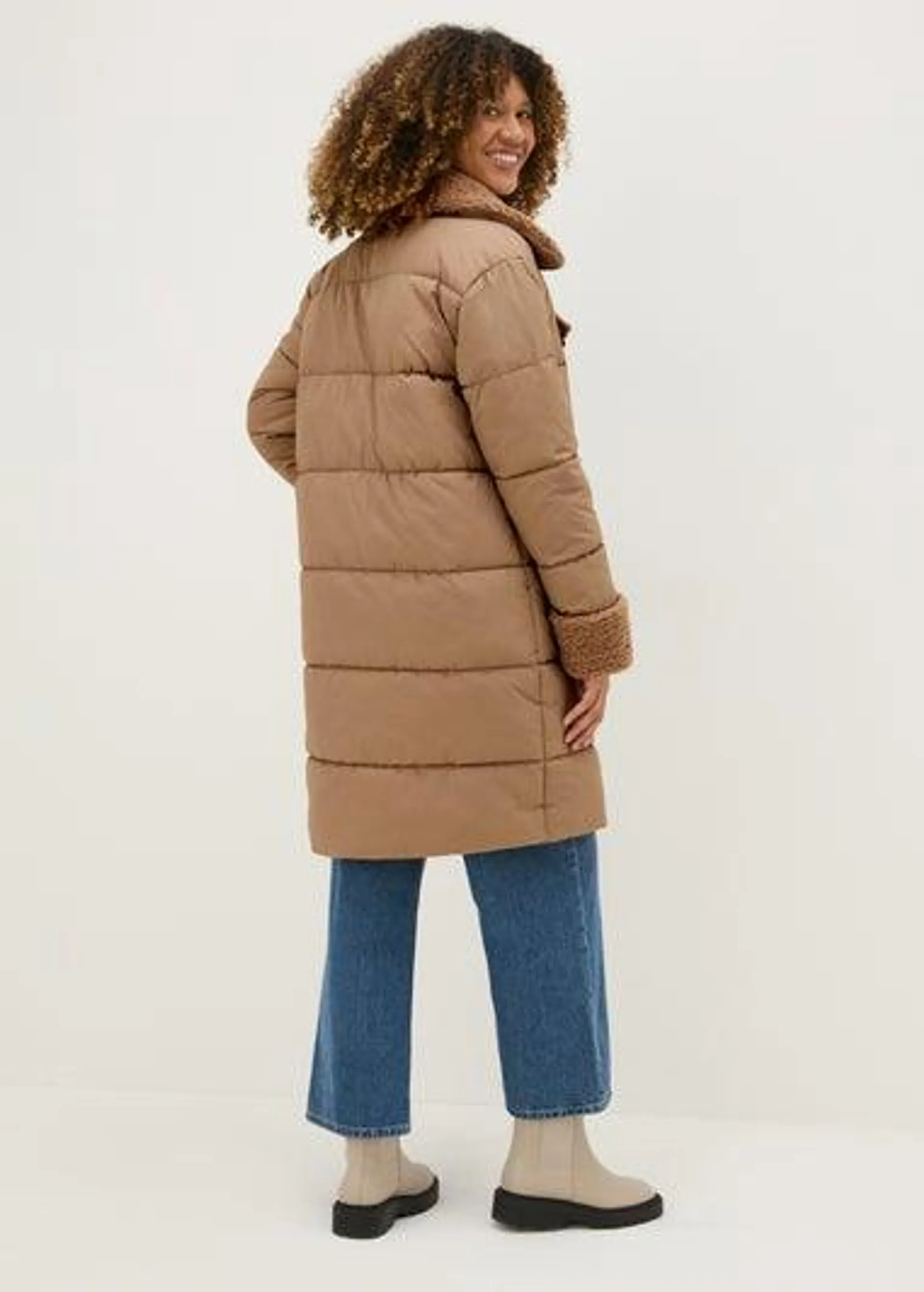 Papaya Petite Beige Hybrid Borg Padded Coat